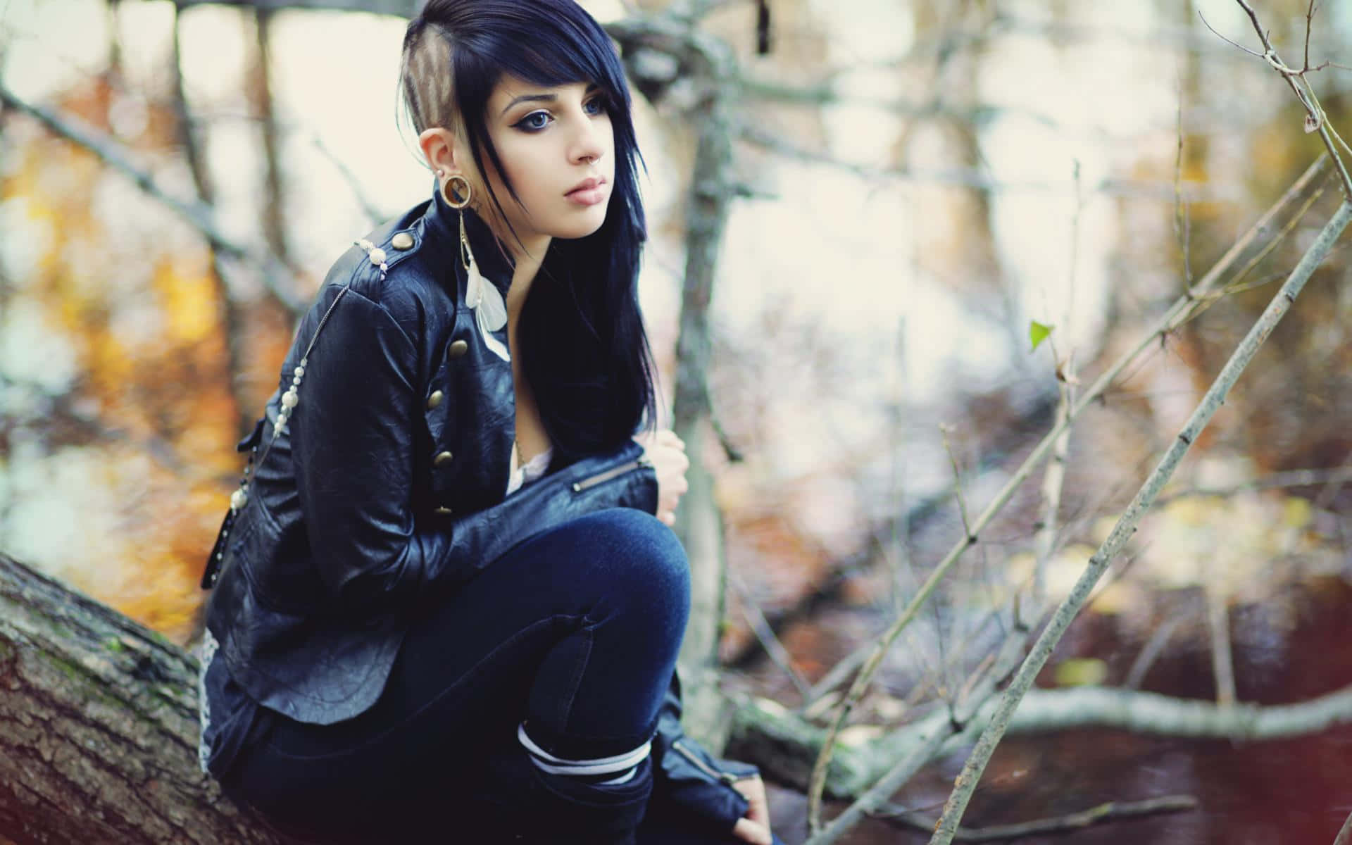 Emo Girl, autumn forest, tree branch, Full HD Desktop Wallpaper