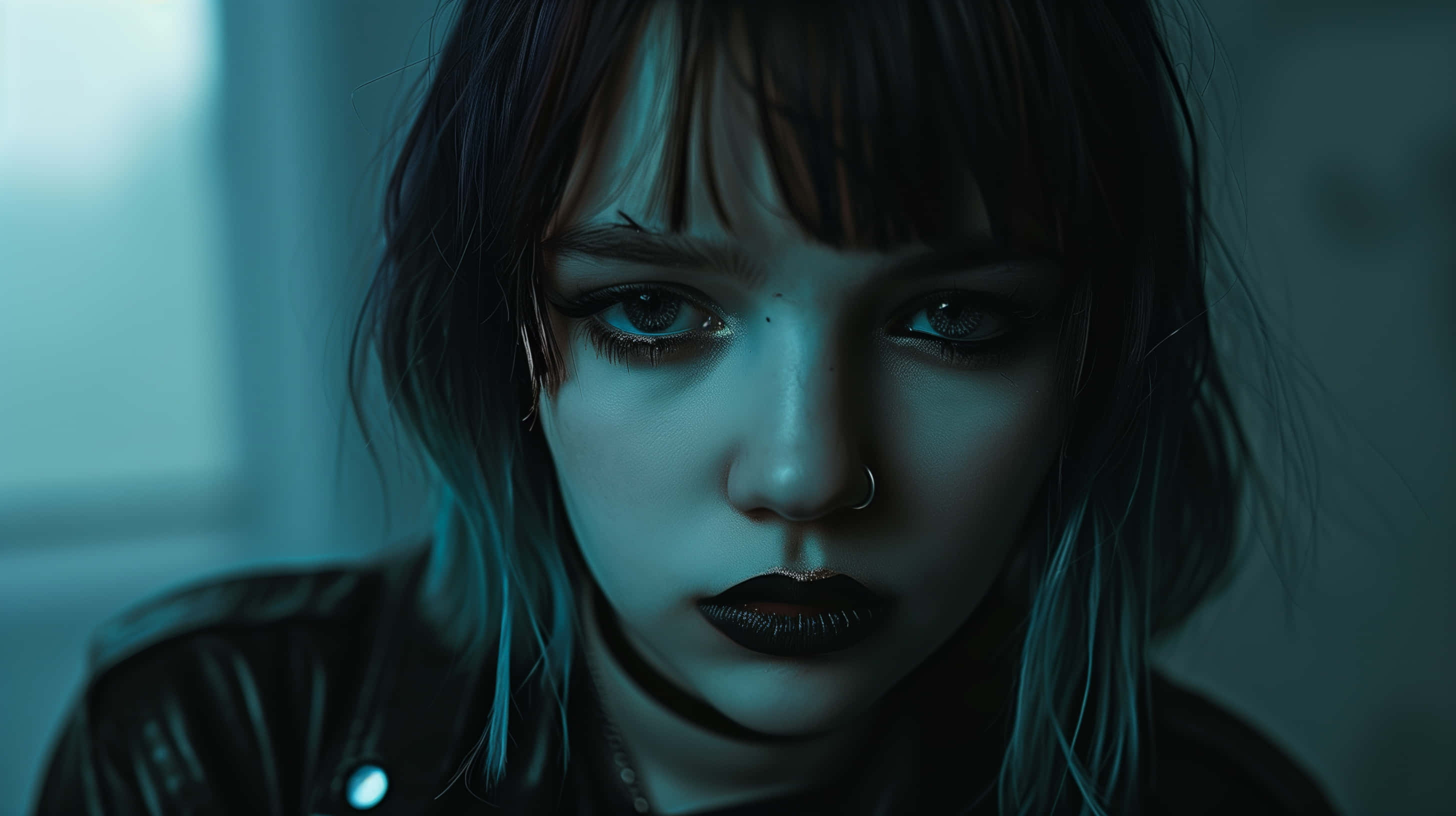 Emo Girl, blue tones, dark hair, 2K Desktop Wallpaper