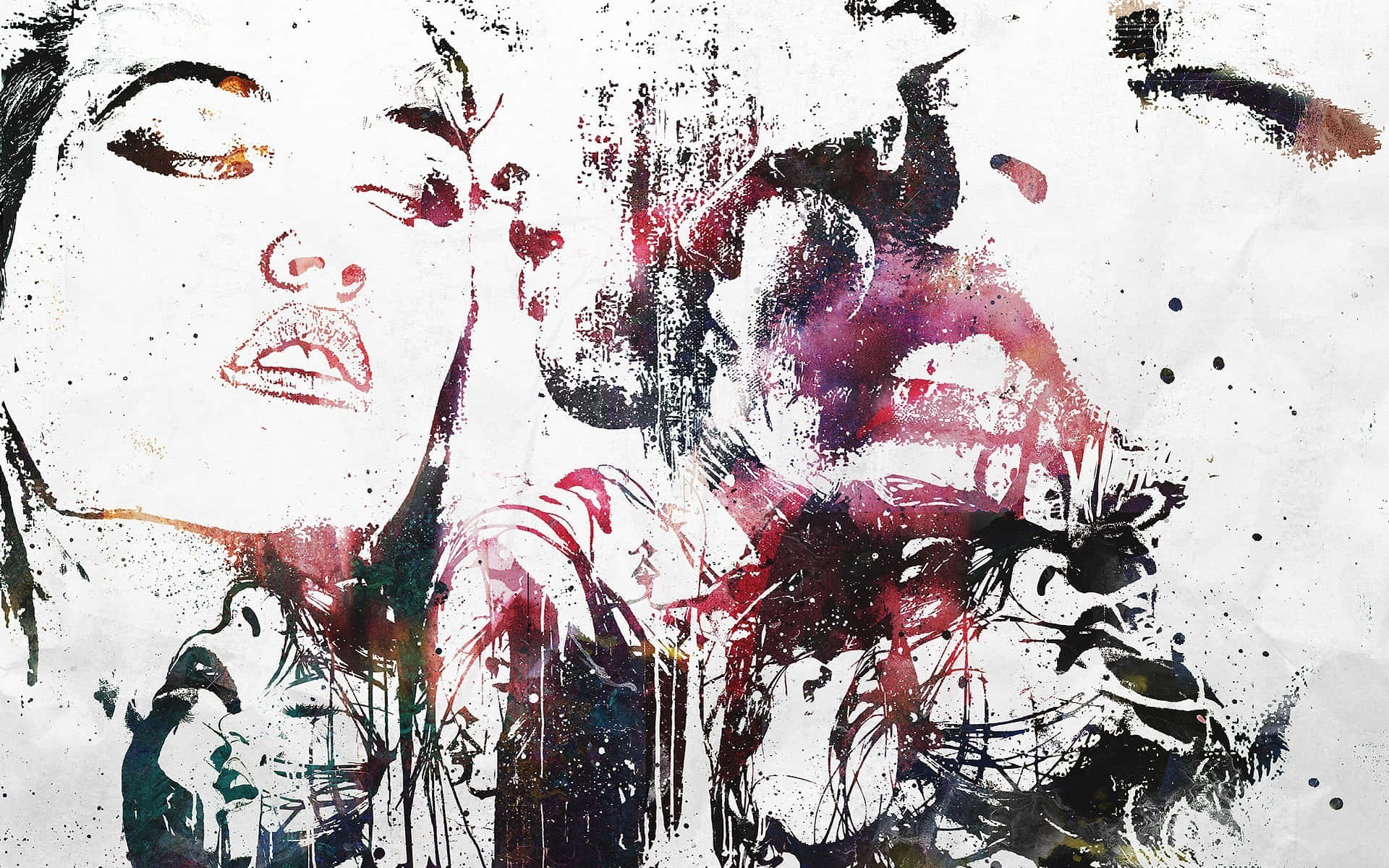 abstract emo girl artwork, splattered red black and white paint, woman's face and neck, Full HD Desktop Wallpaper