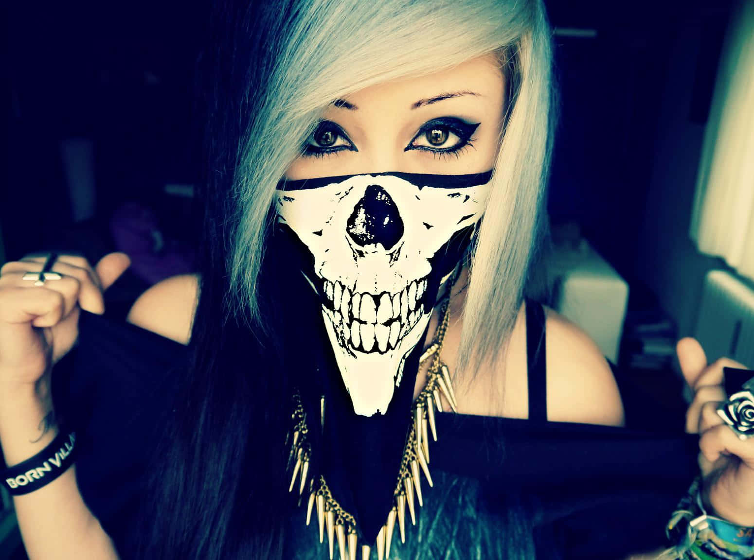 Emo Girl, skull mask, pale blue hair, HD Desktop Wallpaper