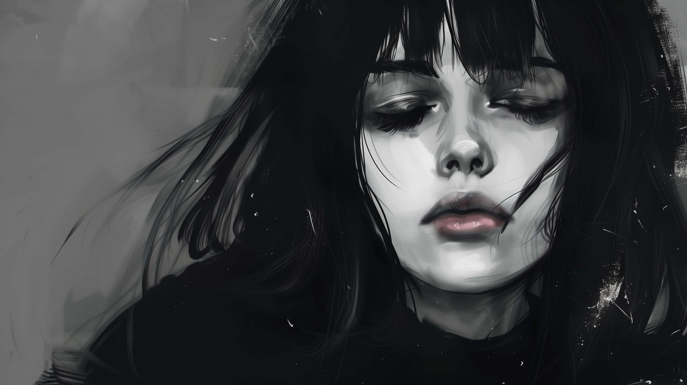 Emo Girl, grayscale, pink lips, 2K Desktop Wallpaper