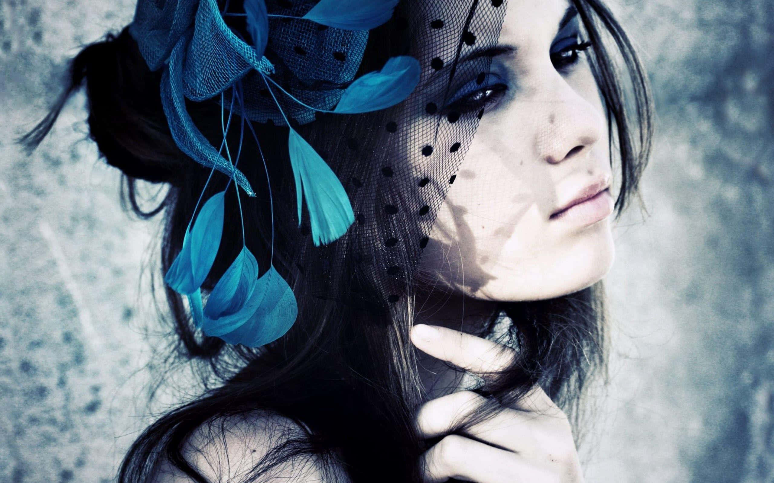 Emo Girl, blue feathered fascinator, black veil, 2K Desktop Wallpaper
