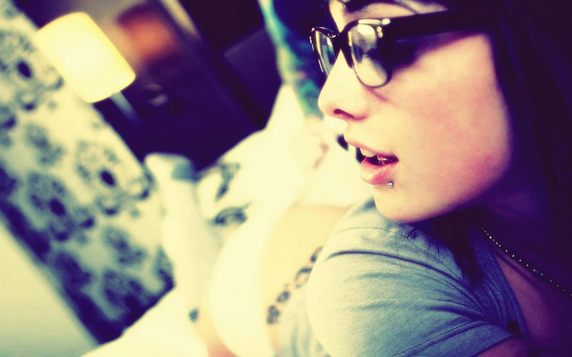 Emo Girl, glasses, lip piercing, Full HD Desktop Wallpaper