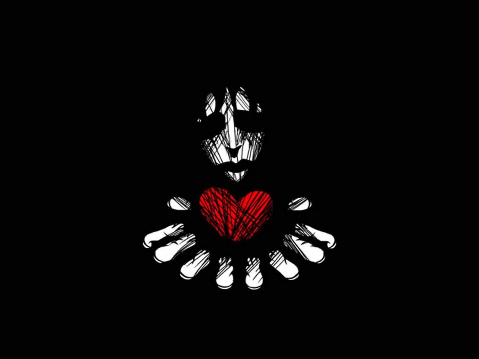 black background, white sketched face, two hands, Full HD Desktop Wallpaper