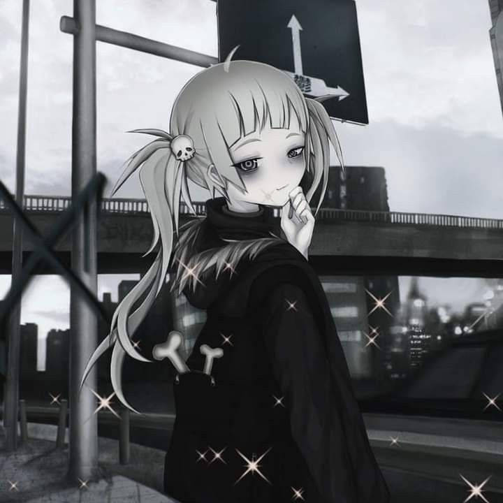 anime girl, skull hairpins, monochrome urban setting, SD Desktop Wallpaper