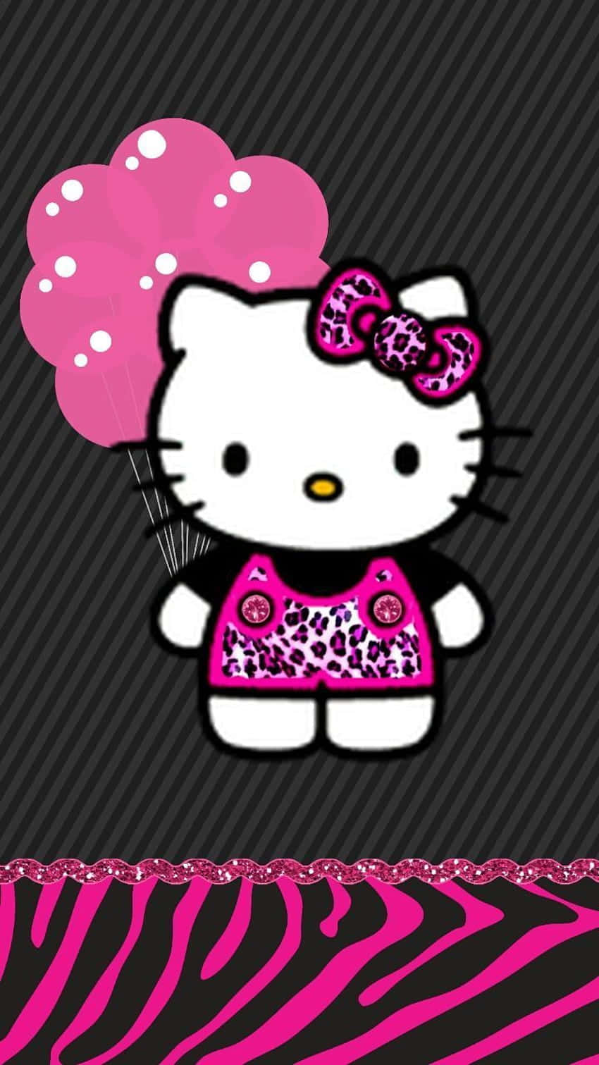 Hello Kitty, pink leopard print, pink polka dot balloons, HD Phone Wallpaper