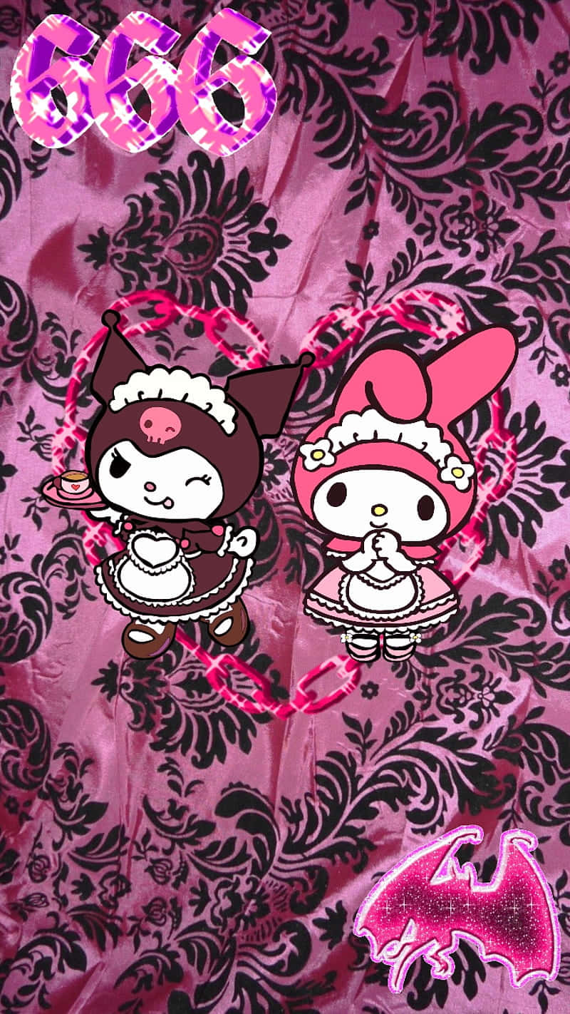 Hello Kitty, maid outfits, pink and black floral wallpaper, HD Phone Wallpaper