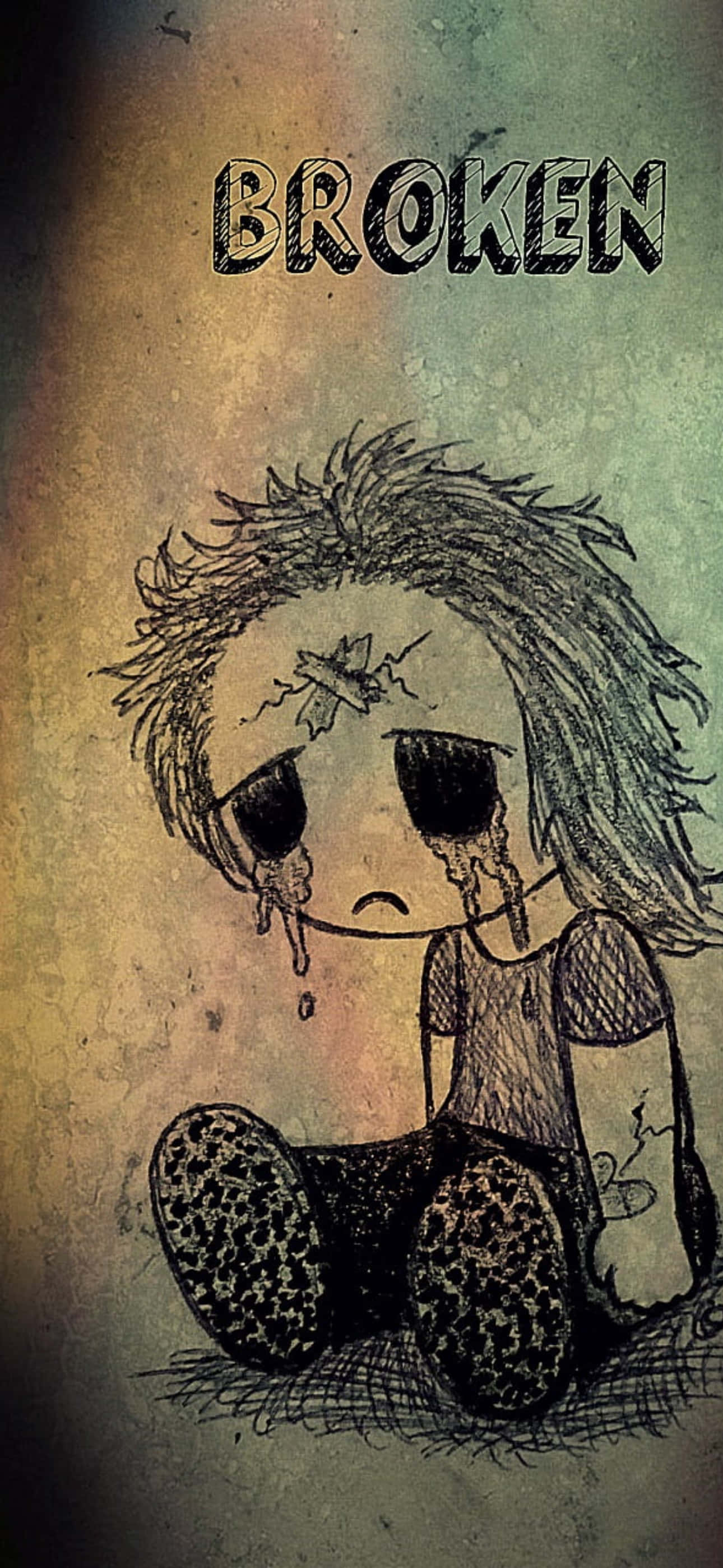 chibi-style character, cracked face, tears, 2K Phone Wallpaper