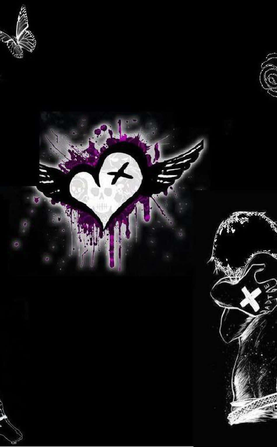 Emo iPhone, white heart with wings and skull motif, purple paint, HD Phone Wallpaper