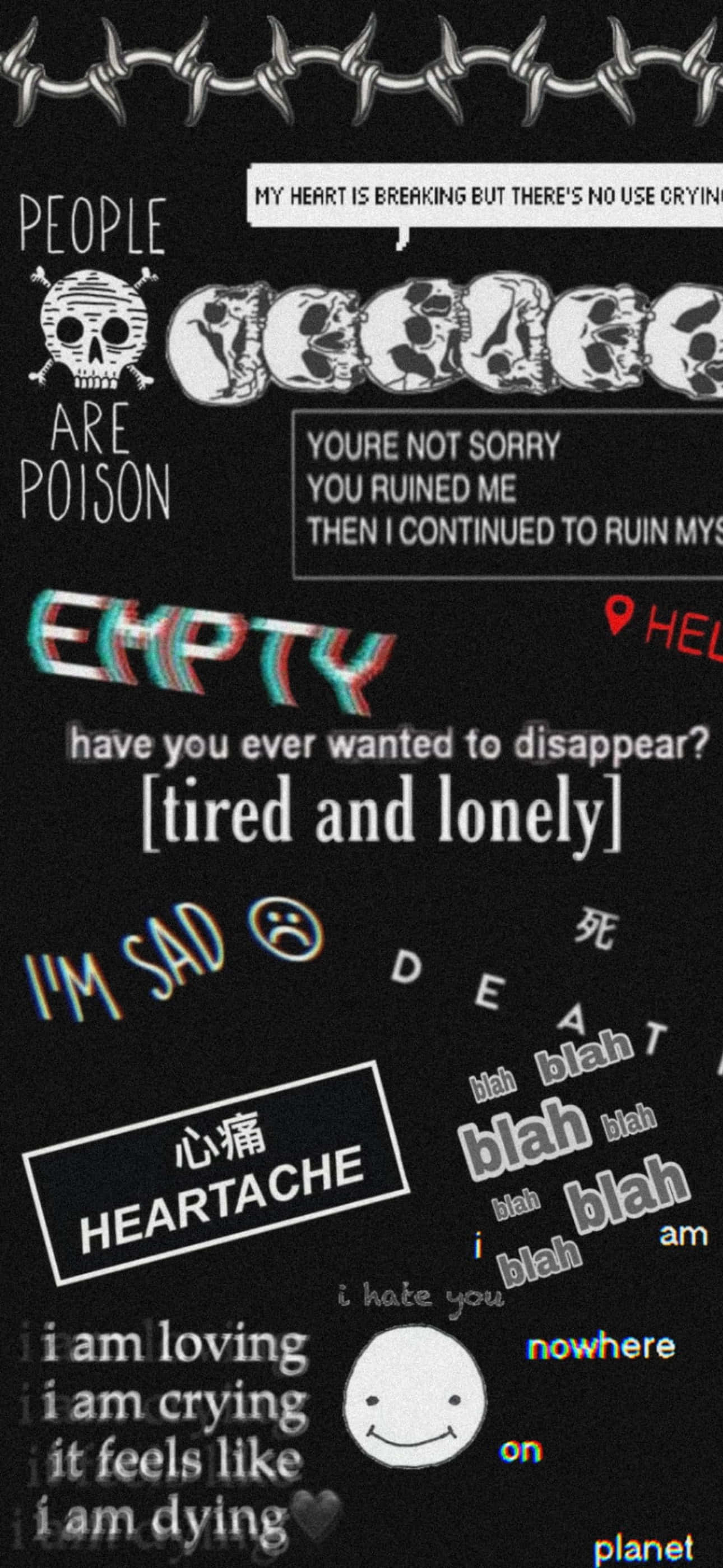 Emo iPhone, black background, emotional text phrases, 2K Phone Wallpaper