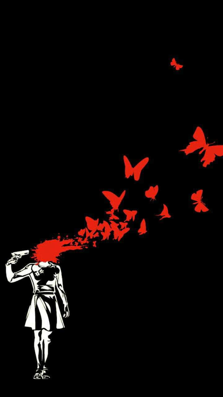 Emo iPhone, black and white figure, red butterflies, HD Phone Wallpaper