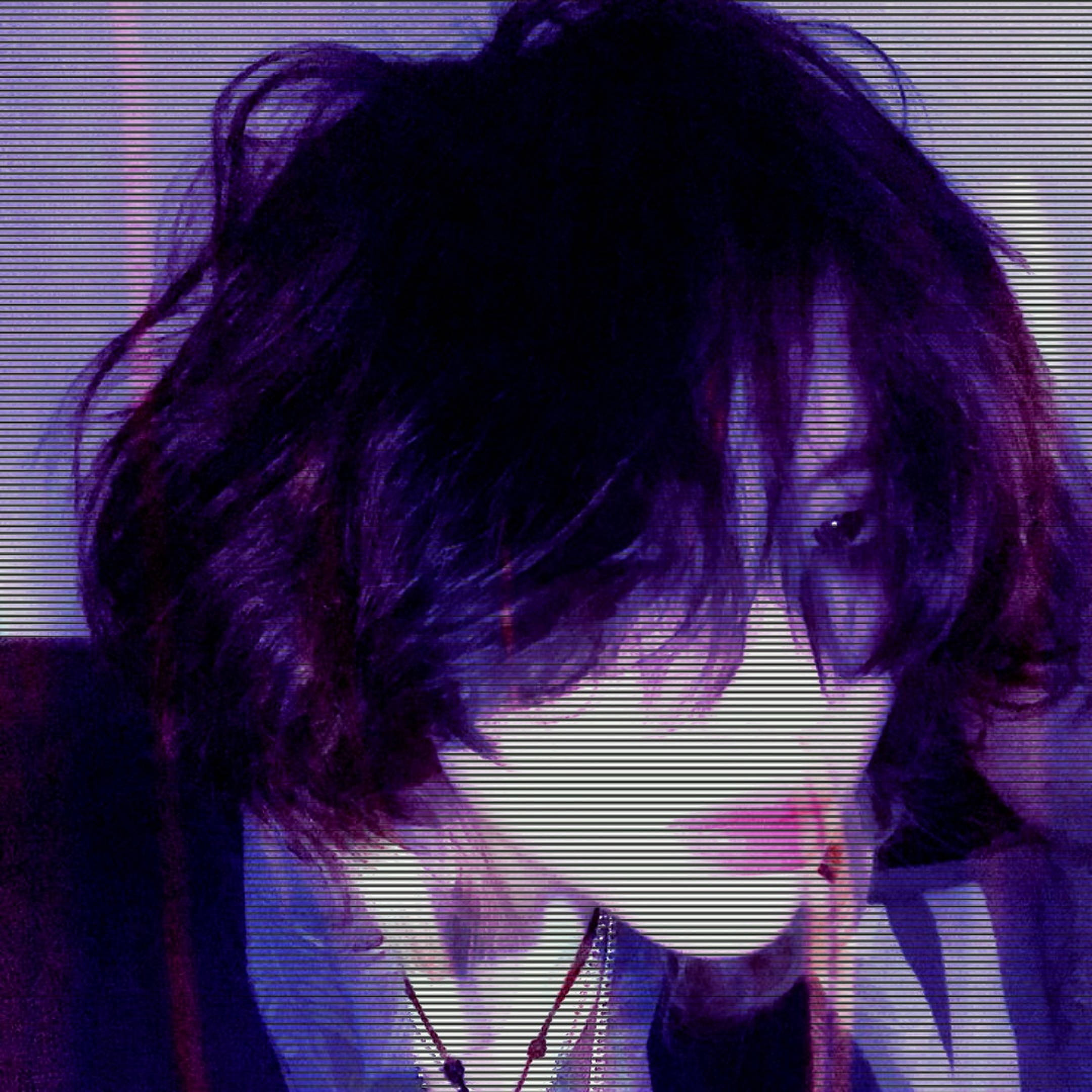 purple girl emo pfp, glitchy purple and blue digital filter, horizontal scan lines, Full HD Desktop Wallpaper