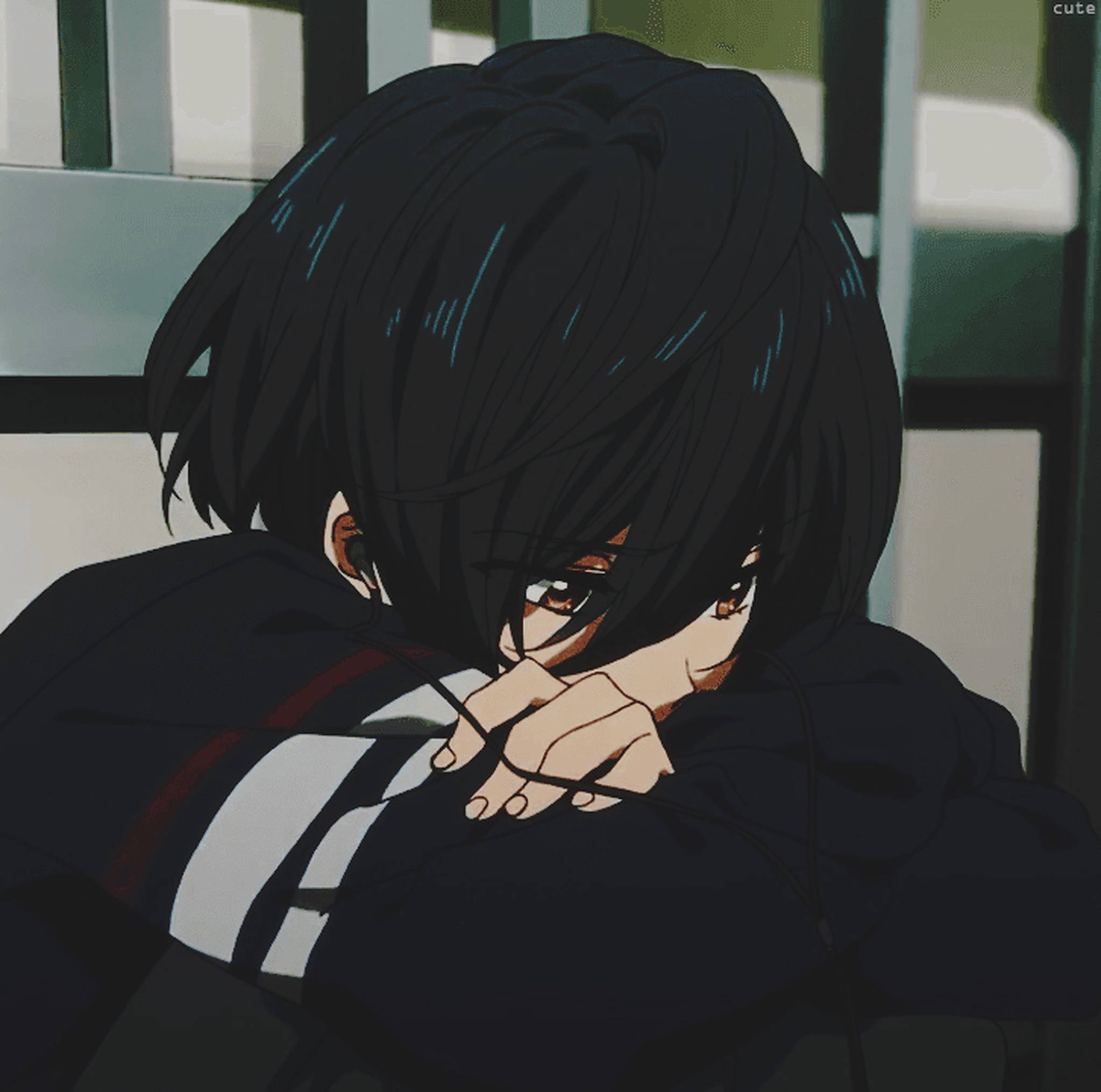 melancholic emo girl, dark hair, red eyes, Full HD Desktop Wallpaper