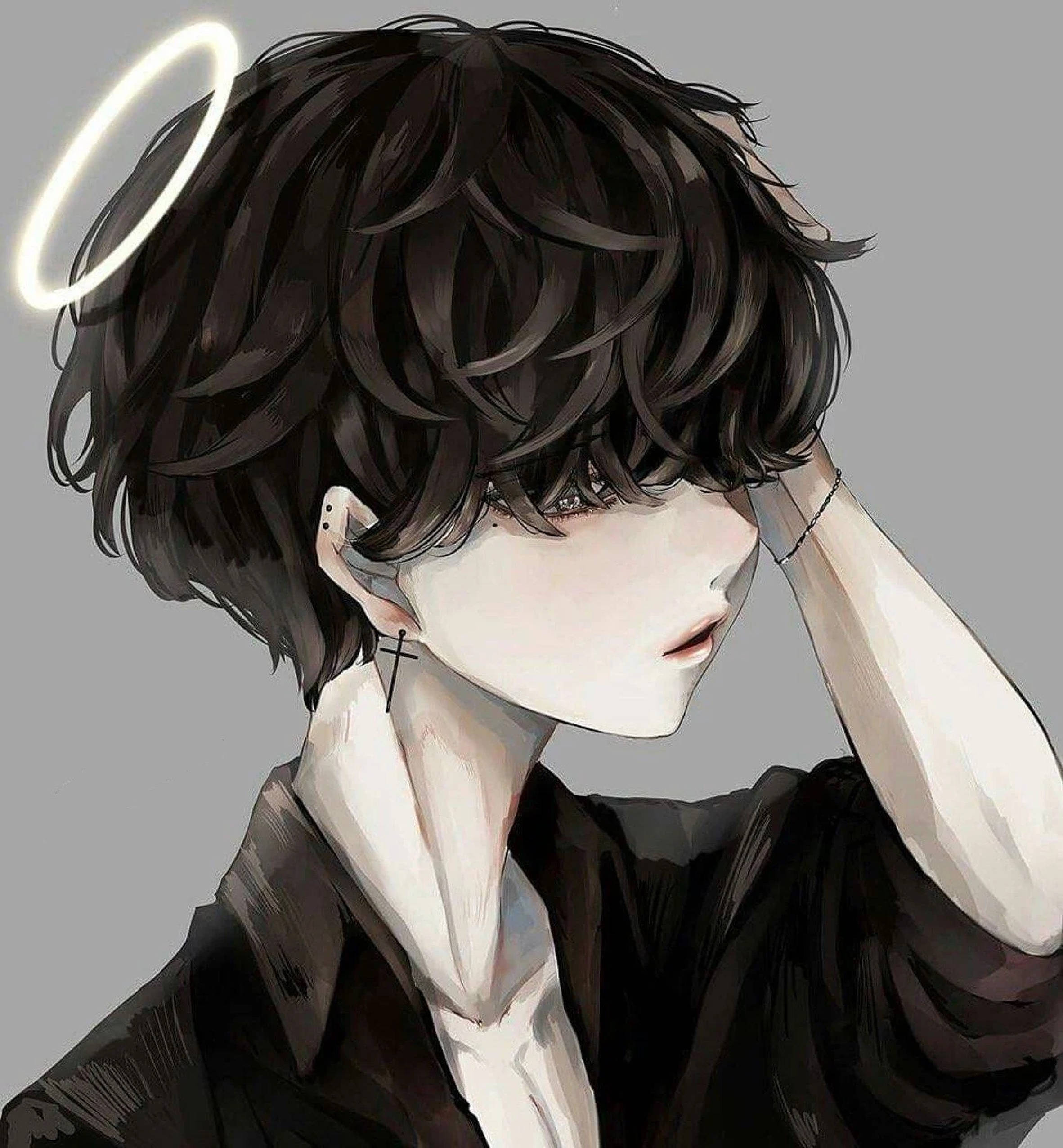 emo boy, halo, dark hair, Full HD Phone Wallpaper