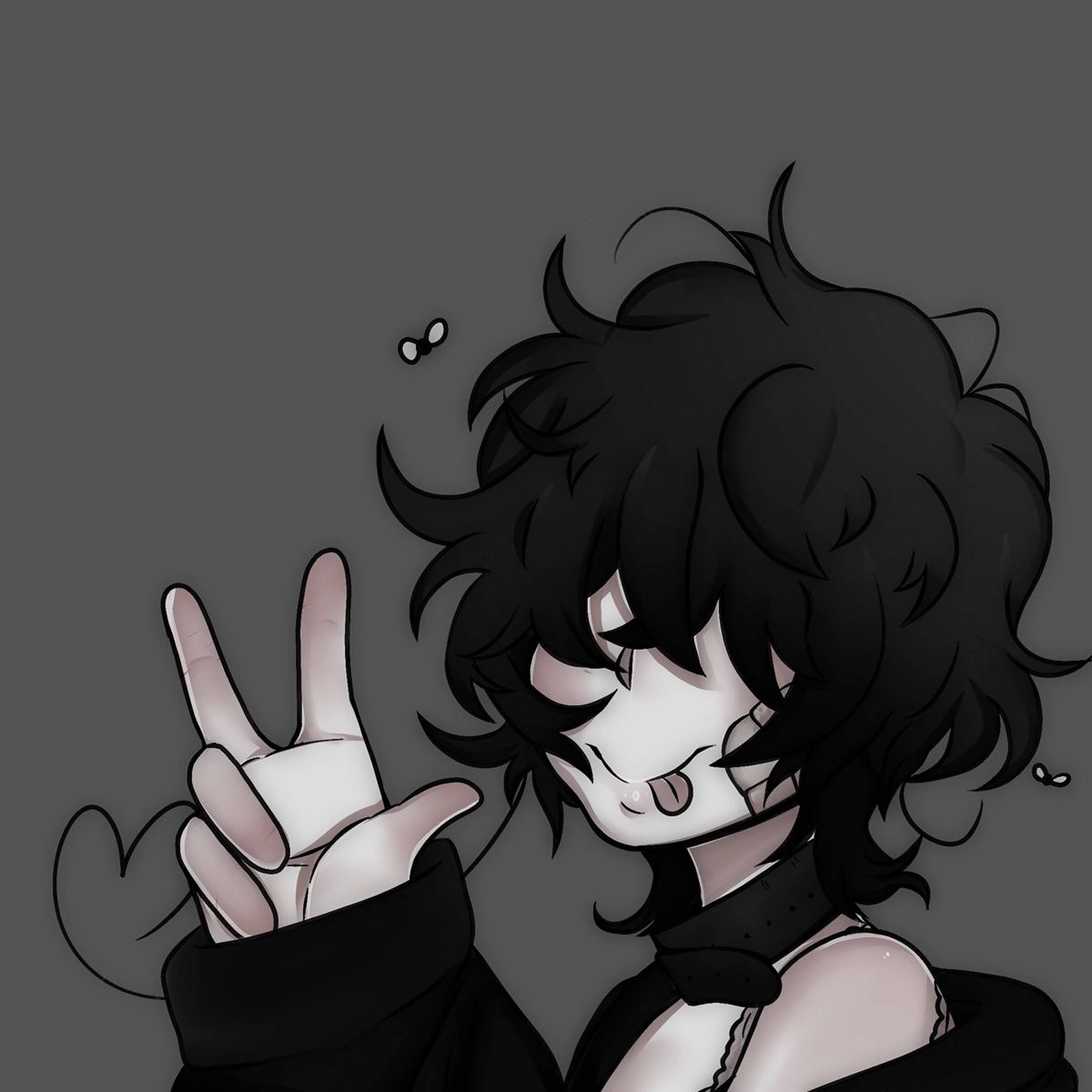 emo pfp girl, peace sign, messy black hair, Full HD Desktop Wallpaper