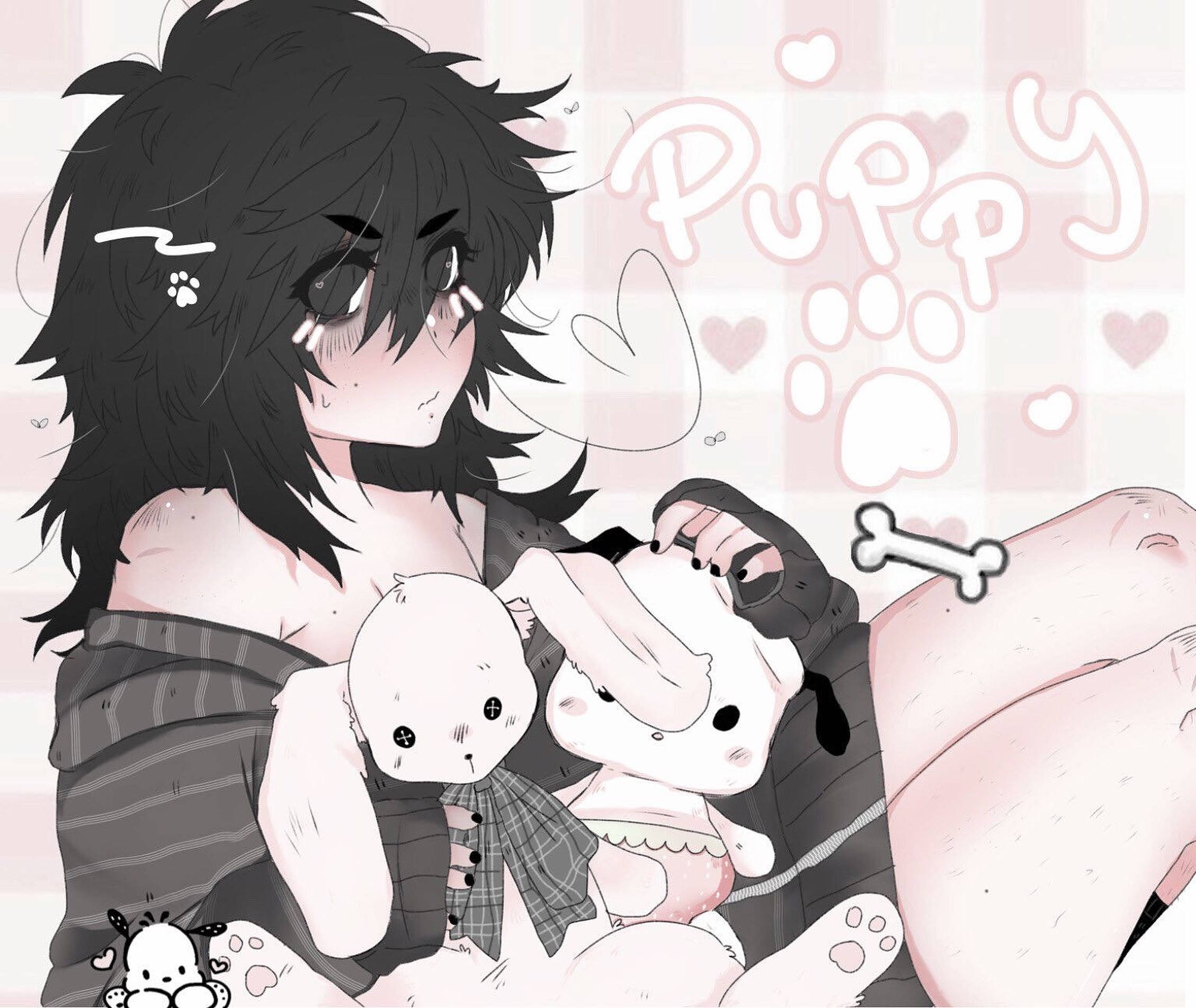 black-haired anime character, glasses, white stuffed puppies, Full HD Desktop Wallpaper
