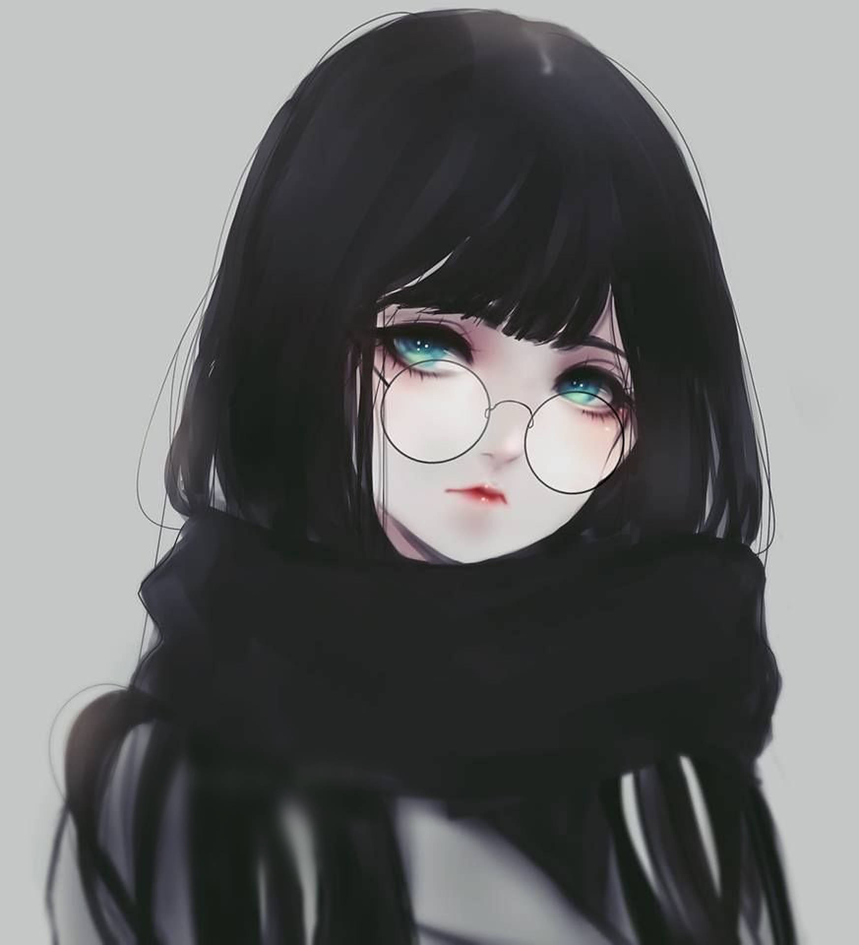 anime girl, glasses, black hair, Full HD Phone Wallpaper