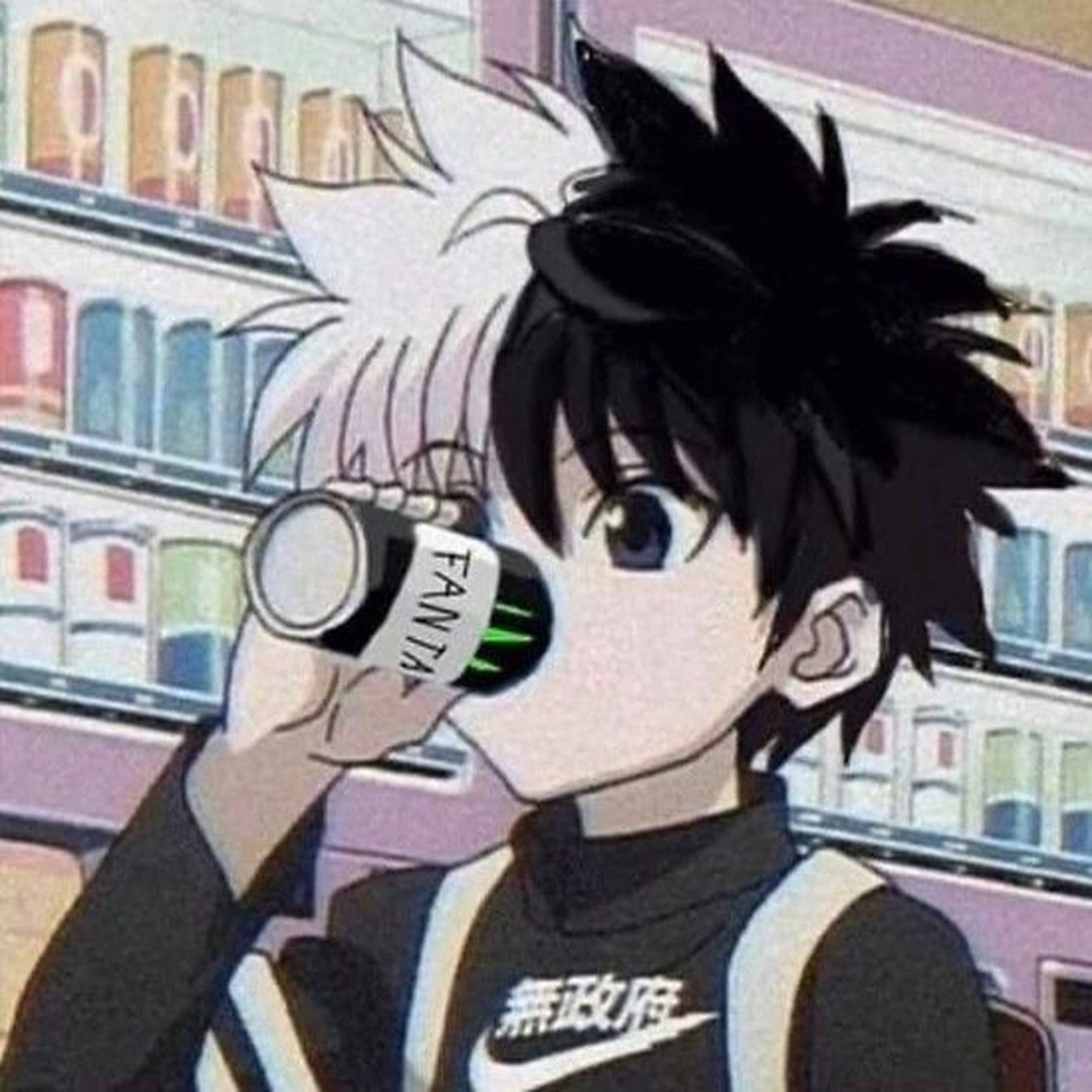 spiky black and white hair, Fanta can, colorful store aisle, Full HD Desktop Wallpaper