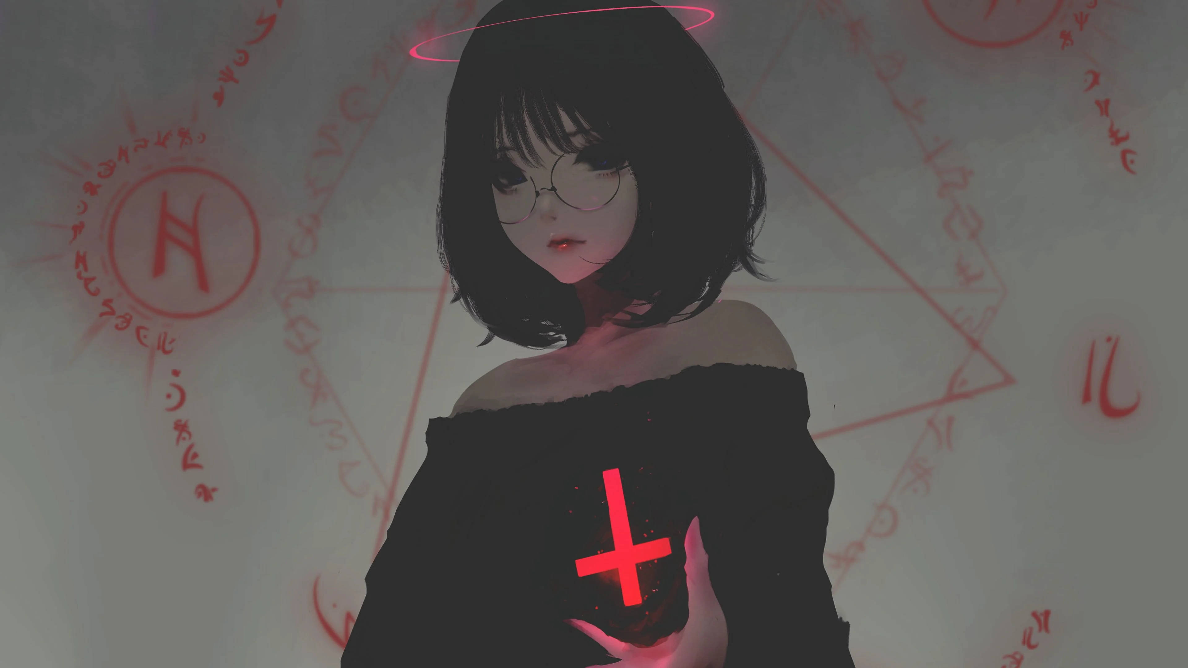 emo girl, cross, glowing red cross, 4K Desktop Wallpaper