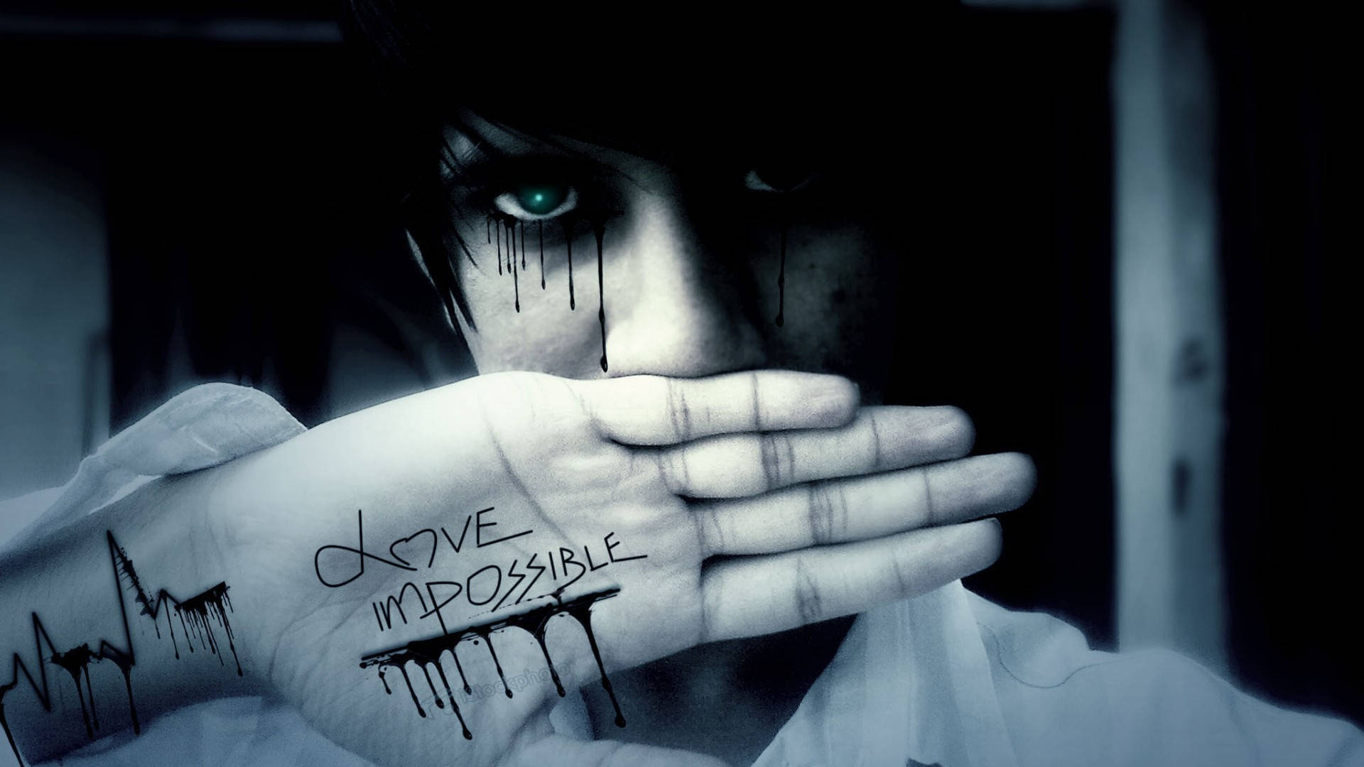love impossible emo guy, glowing green eyes, black tears, Full HD Desktop Wallpaper