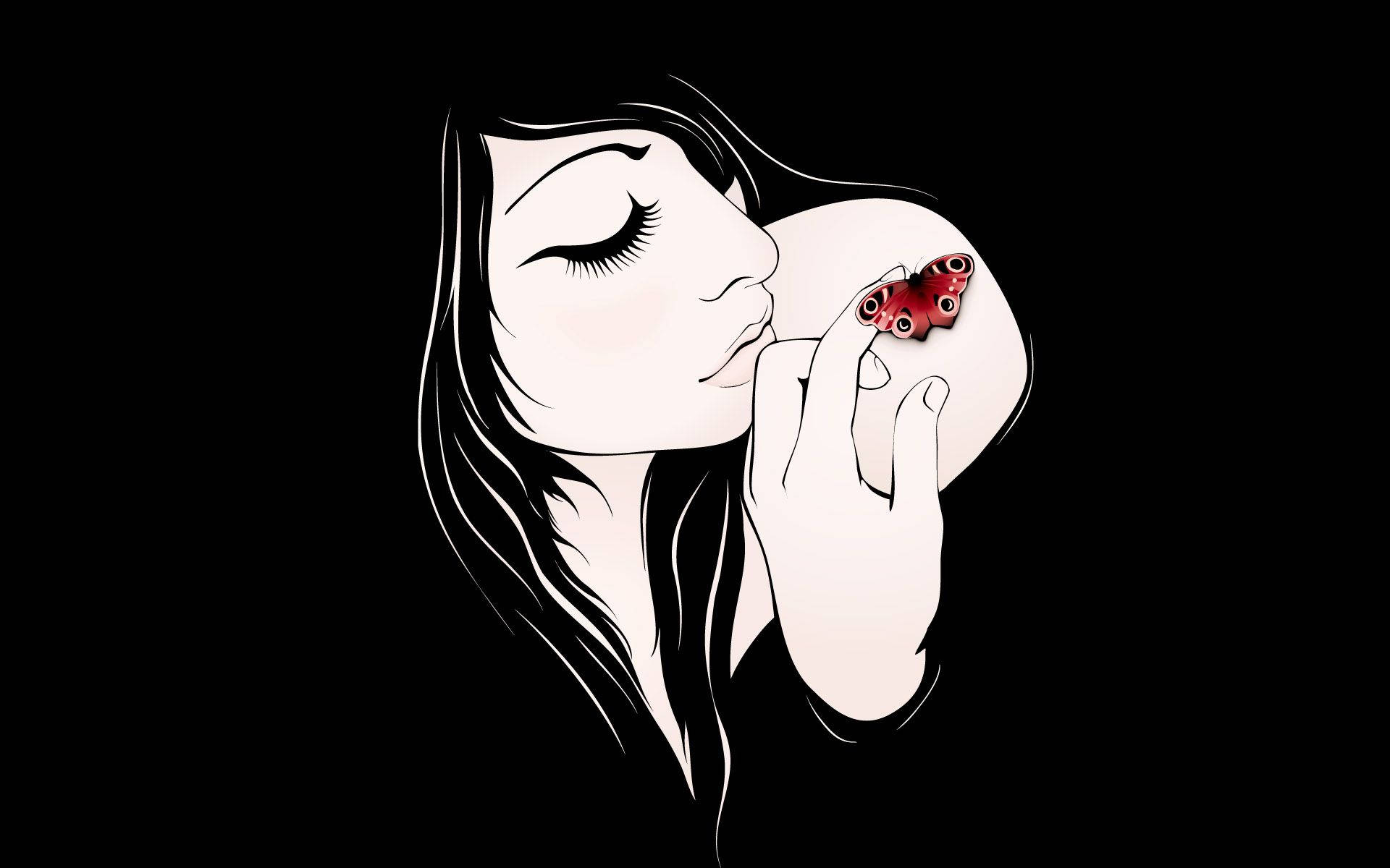 emo girl with butterfly, red butterfly, closed eyes, Full HD Desktop Wallpaper