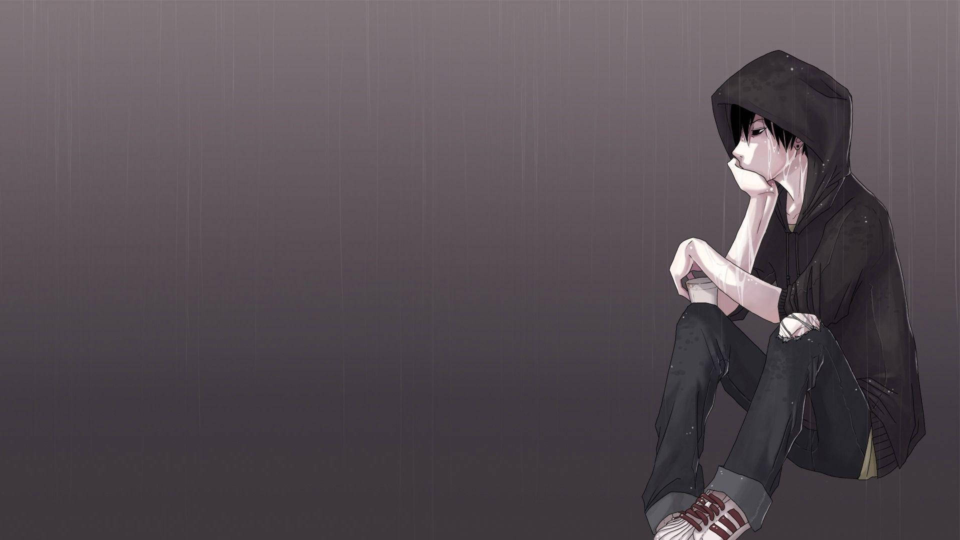 anime teen, black hoodie, gray rain, Full HD Desktop Wallpaper