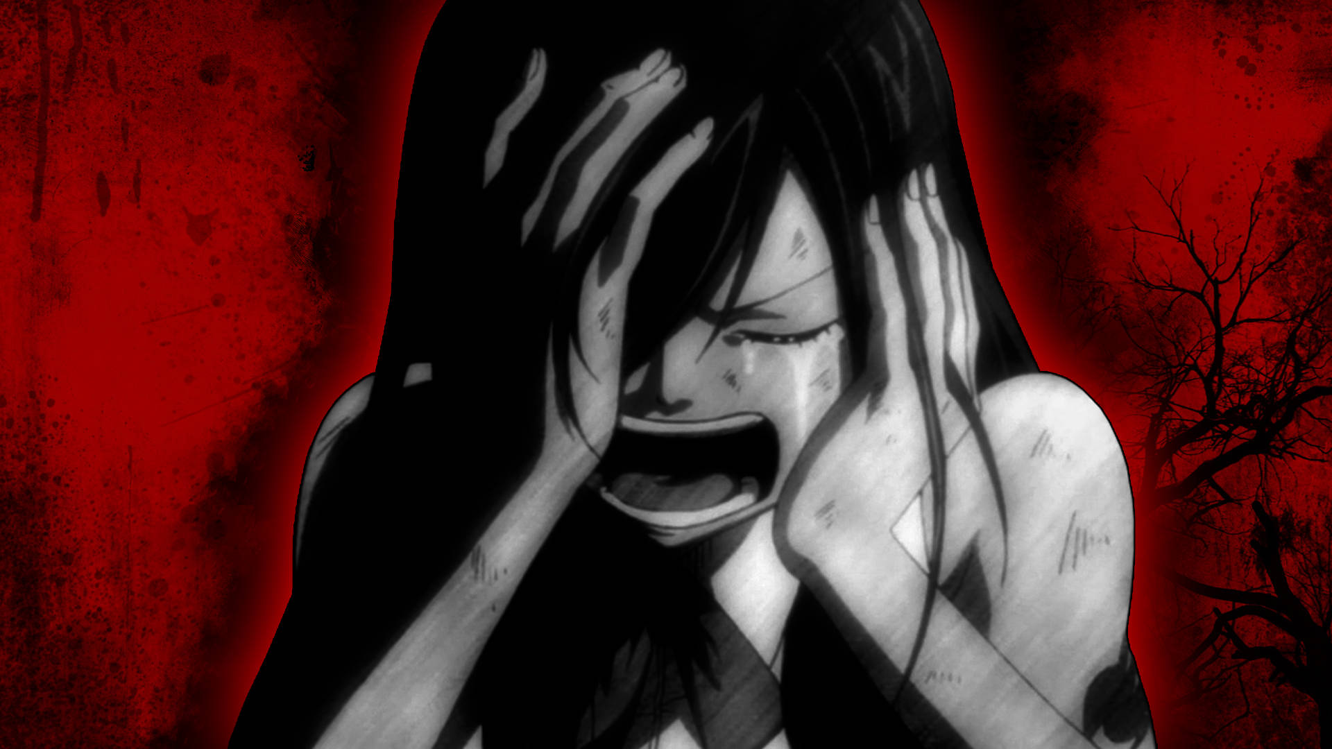emo crying anime girl, Feeling Alone and Confused, blood red background, Full HD Desktop Wallpaper