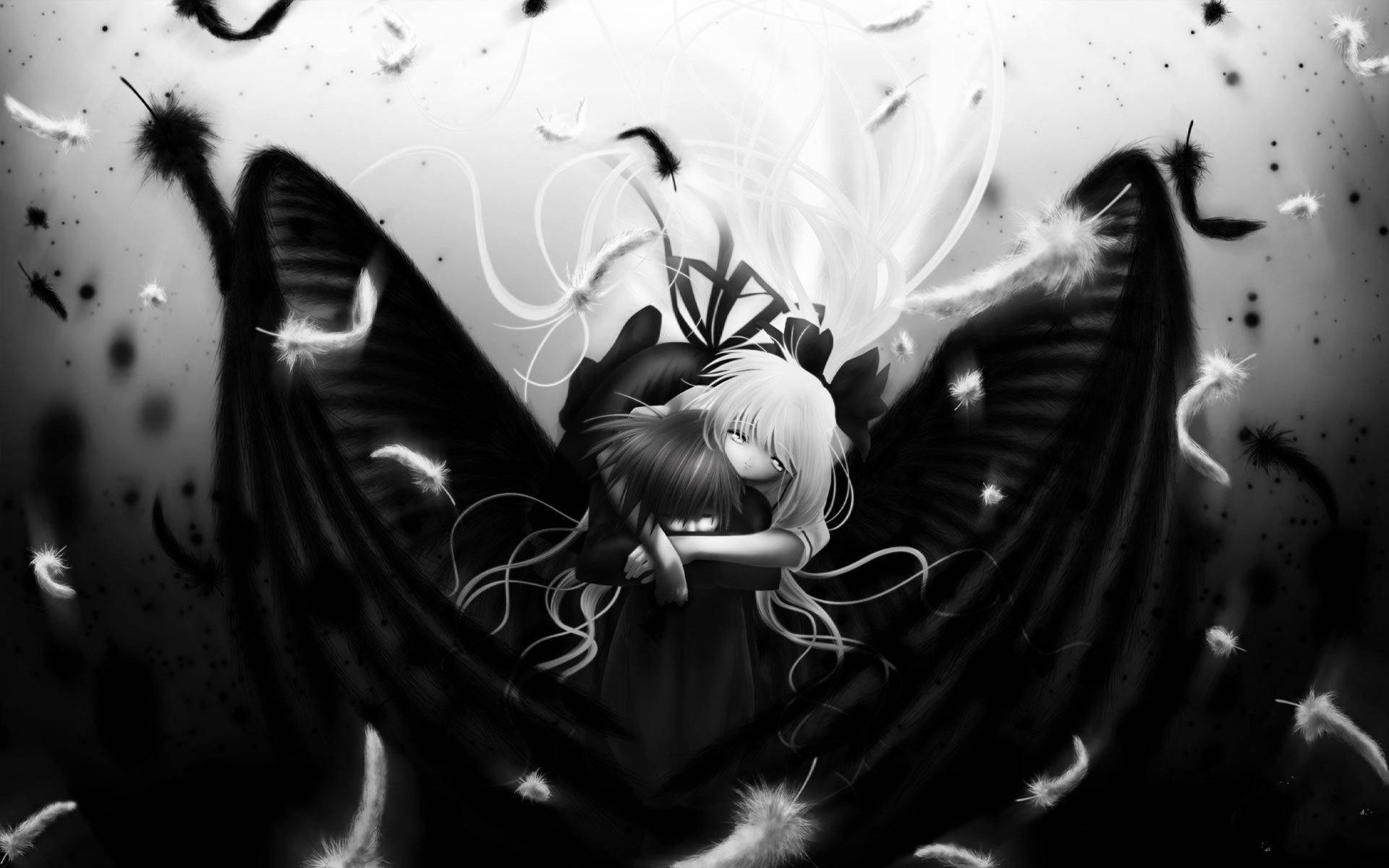 greyscale, animated, emo angel, Full HD Desktop Wallpaper
