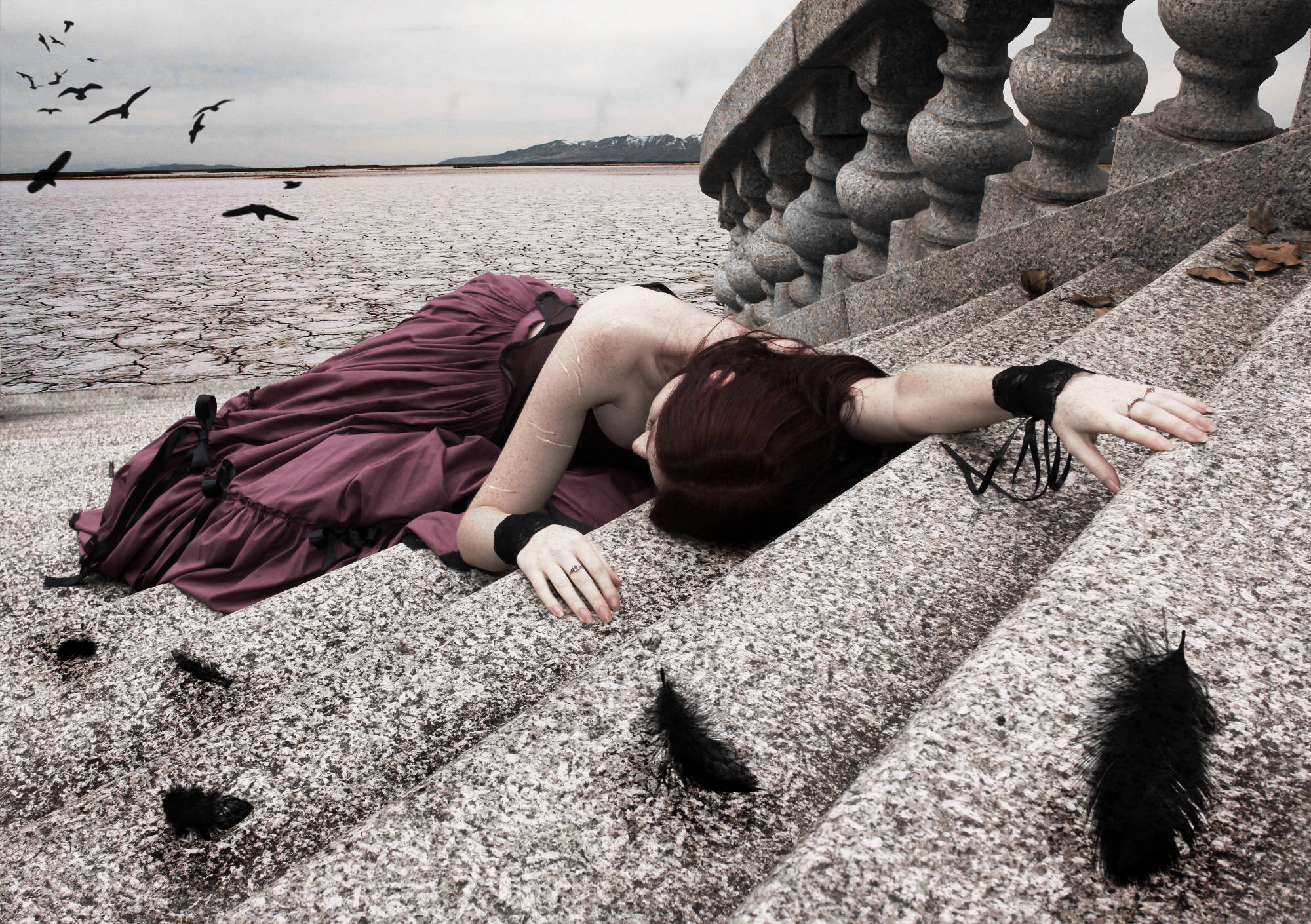 maroon dress, stone steps, cracked dry lake, Full HD Desktop Wallpaper