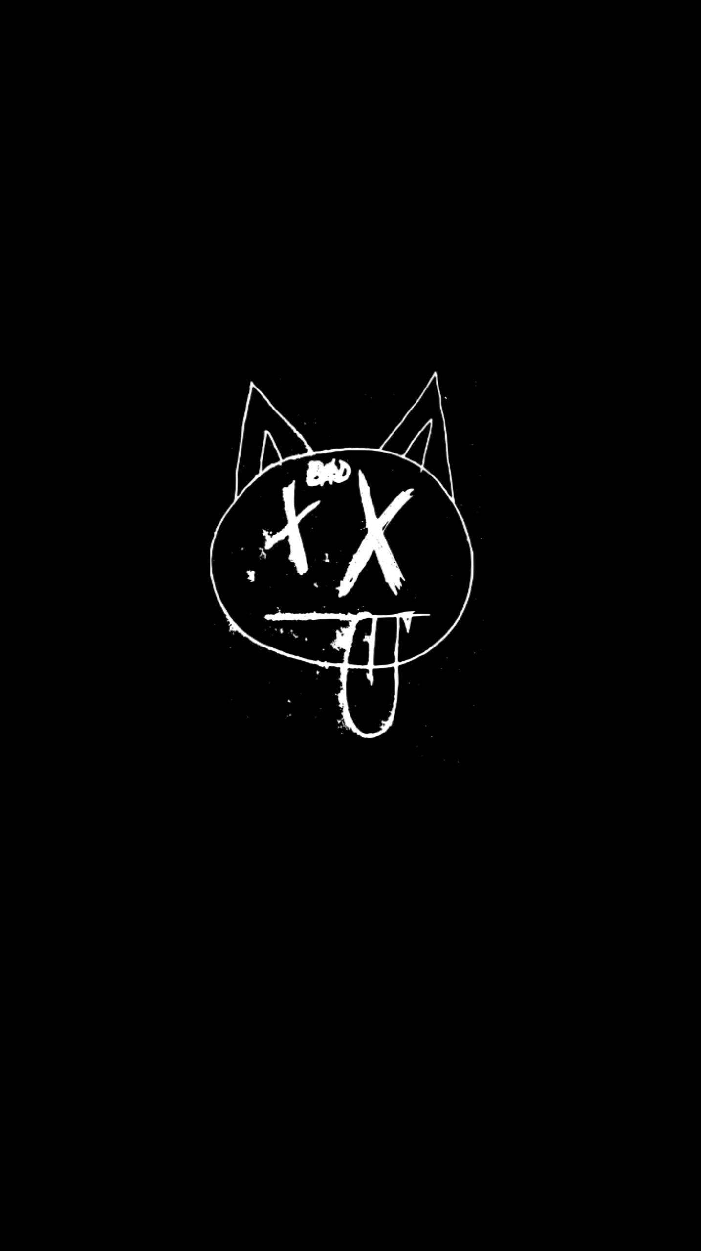 minimalist black cat emo, white graffiti-style cat face, X eyes, 2K Phone Wallpaper