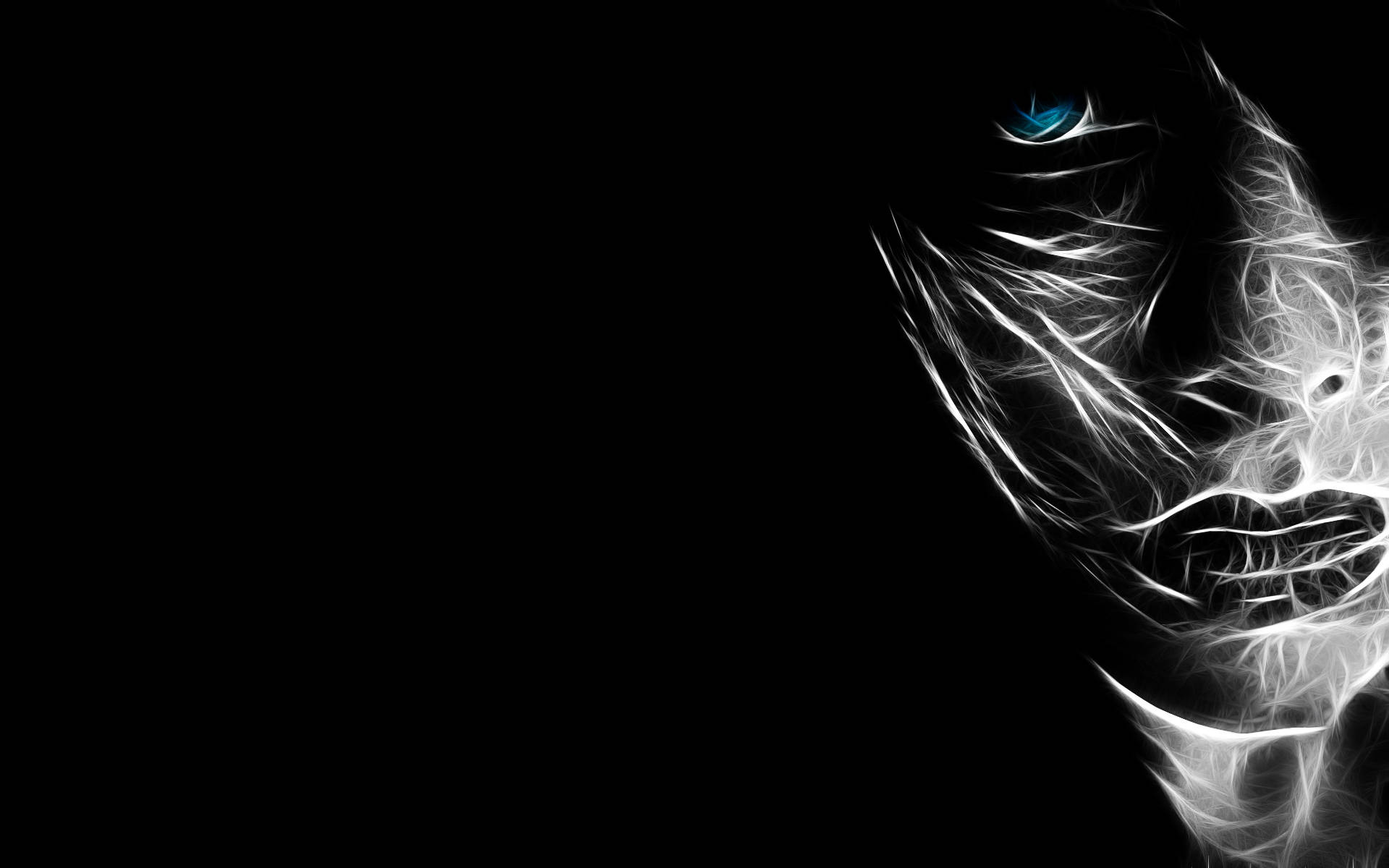glowing blue eye, ghostly white fractal face, black darkness, Full HD Desktop Wallpaper