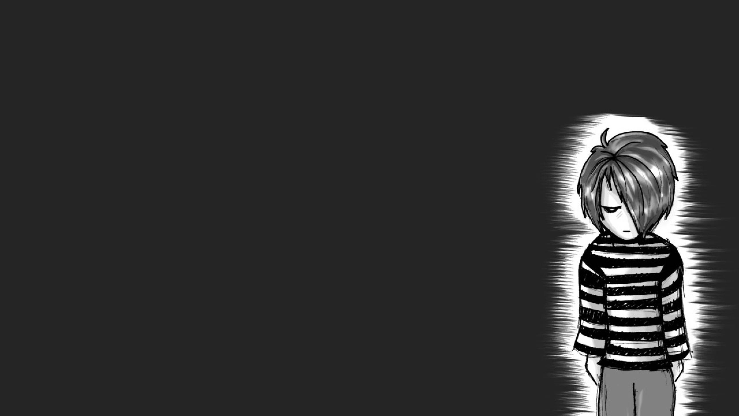 anime-style boy, striped shirt, darkness, 2K Desktop Wallpaper