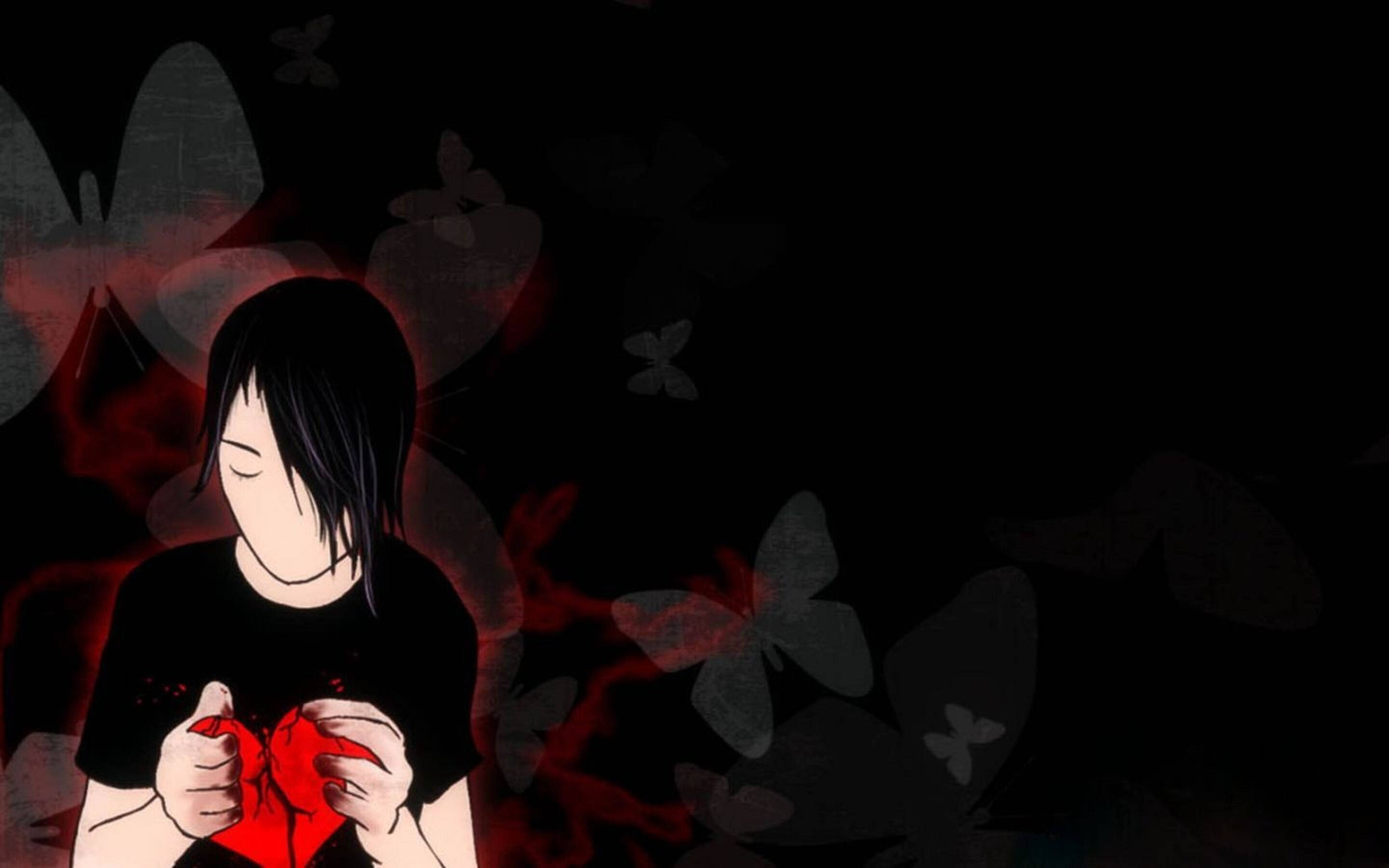 Emo, broken red heart, floating butterflies, 2K Desktop Wallpaper