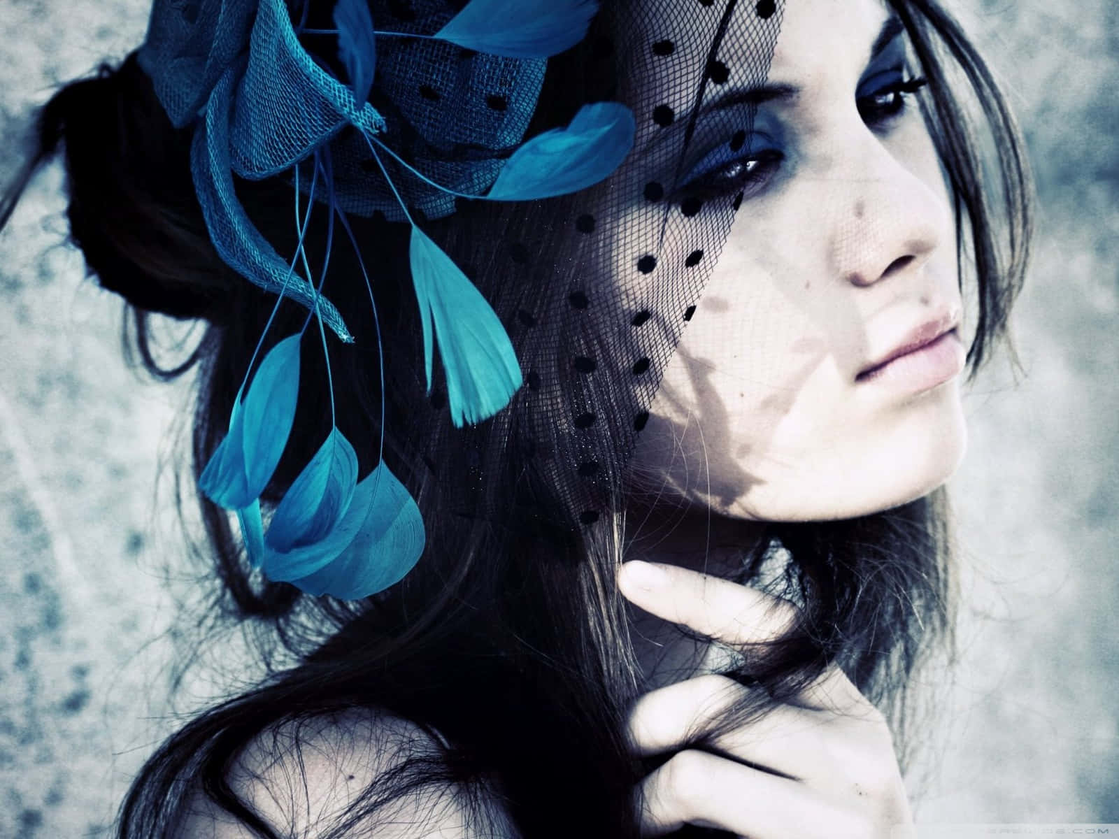 sad woman emo anime, dark hair, blue feathered headpiece, HD Desktop Wallpaper