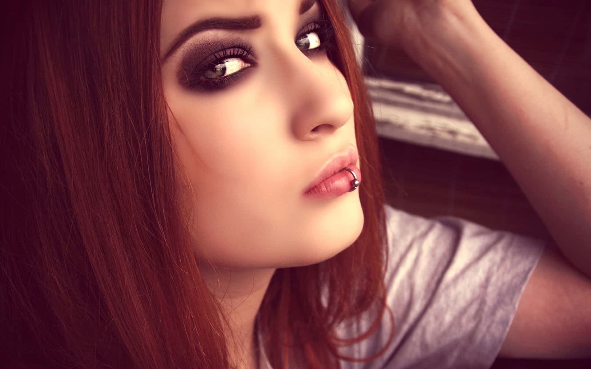 red hair, dark eye makeup, lip piercing, Full HD Desktop Wallpaper