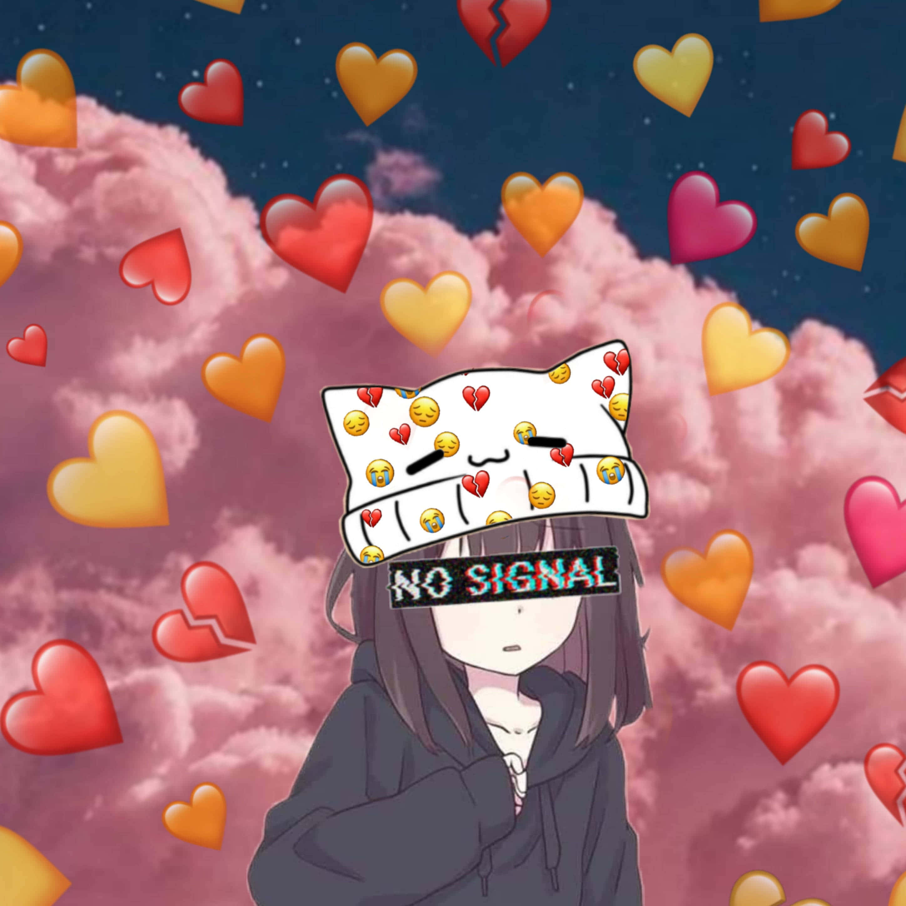 Emoji Girl, cat hat, emoji hearts, 2K Desktop Wallpaper