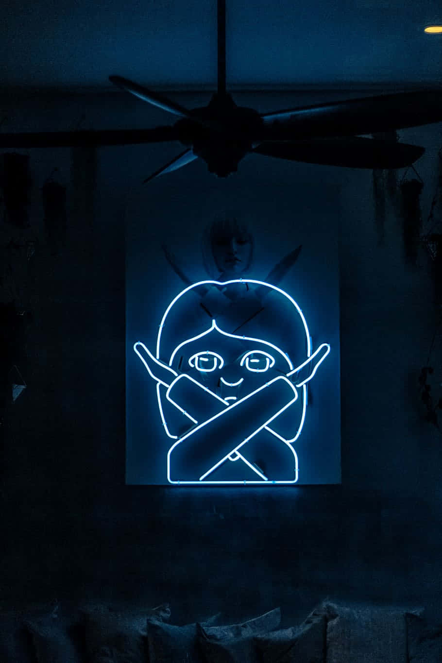 glowing blue neon sign, stylized face, crossed arms, HD Phone Wallpaper