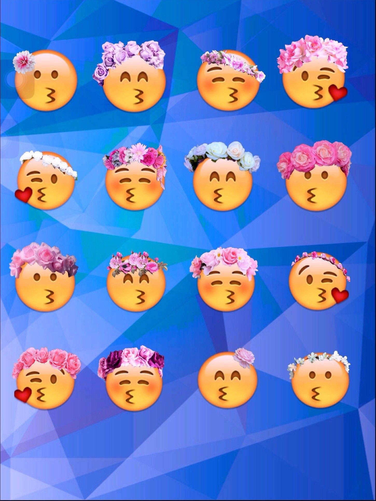 kissing emoji faces, colorful floral crowns, blue geometric background, Full HD Phone Wallpaper