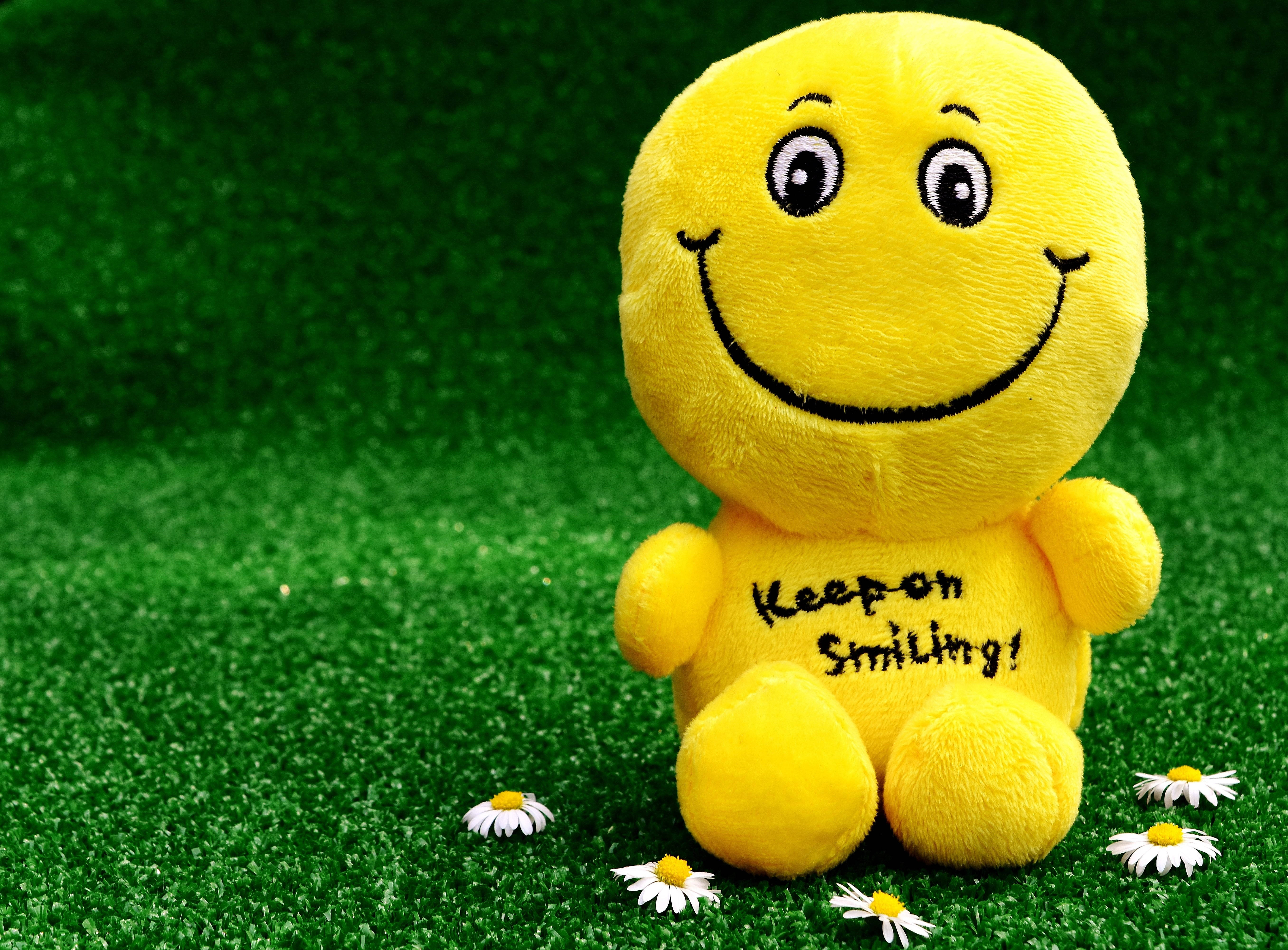 Happy Emoji, yellow plush smiley toy, vibrant green grass, 5K Desktop Wallpaper