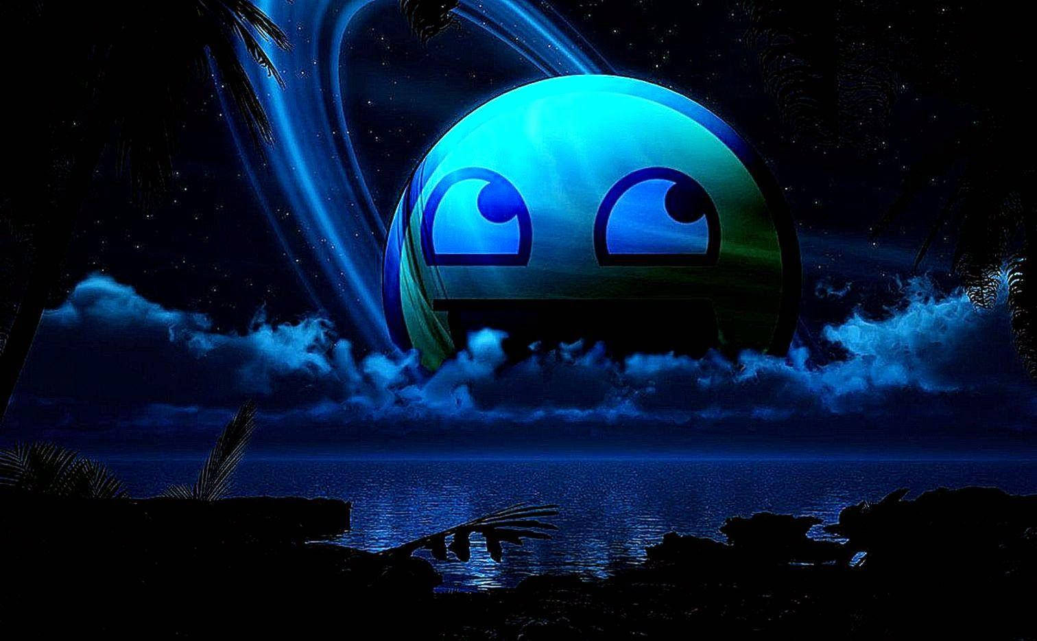 Emoticon Coolest Desktop, glowing blue cartoon planet, tropical ocean, HD Desktop Wallpaper