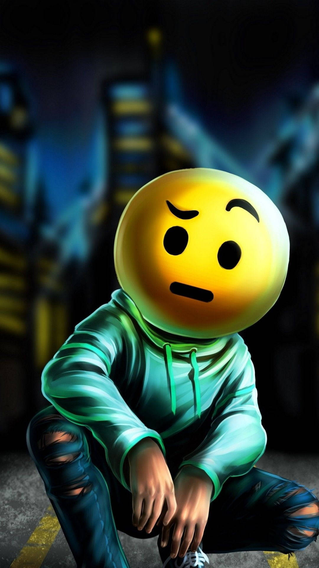 yellow angry emoji, hoodie, city street, Full HD Phone Wallpaper