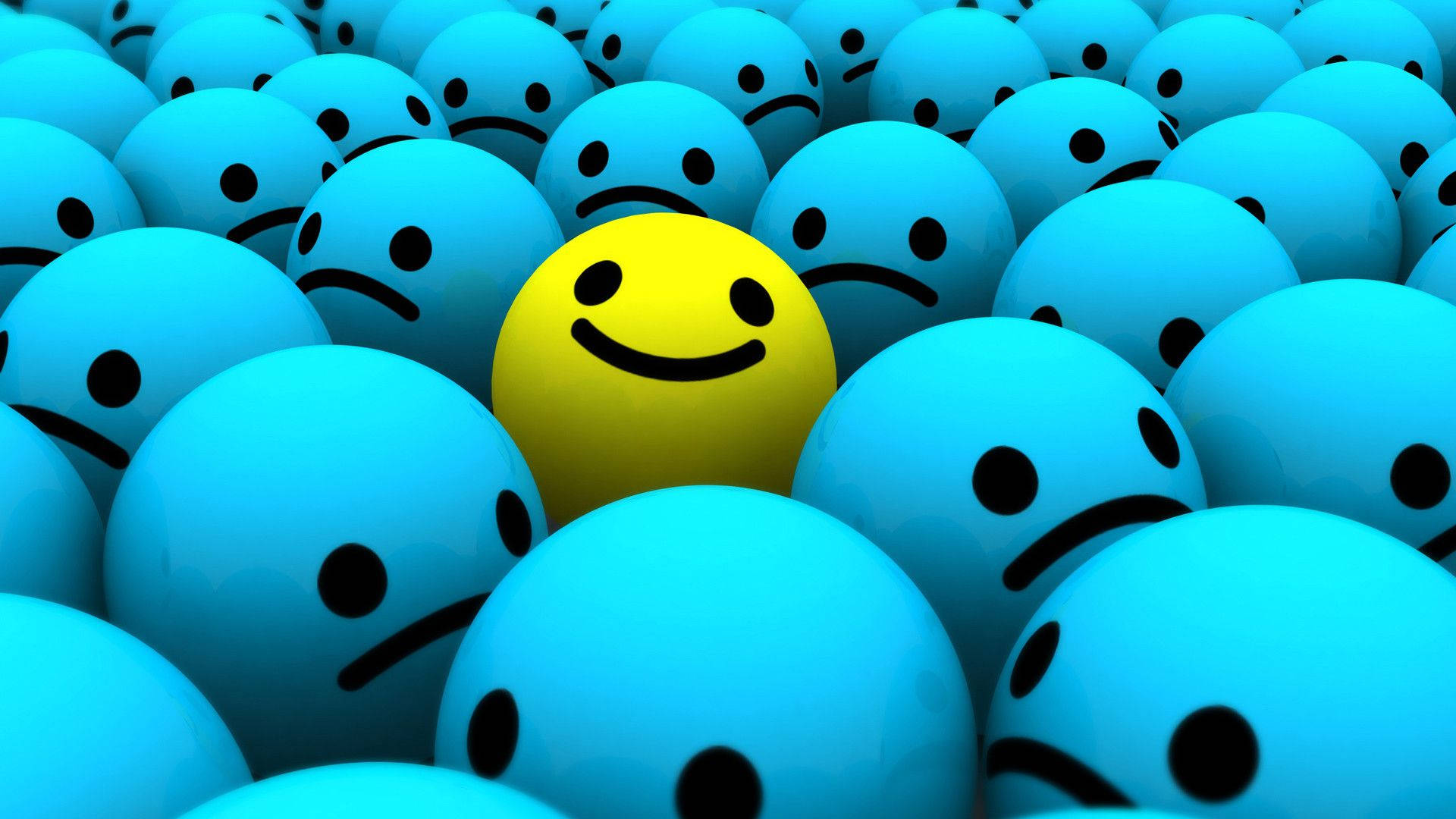 bright yellow smiling sphere, blue spheres with frowning faces, smiling sphere, Full HD Desktop Wallpaper