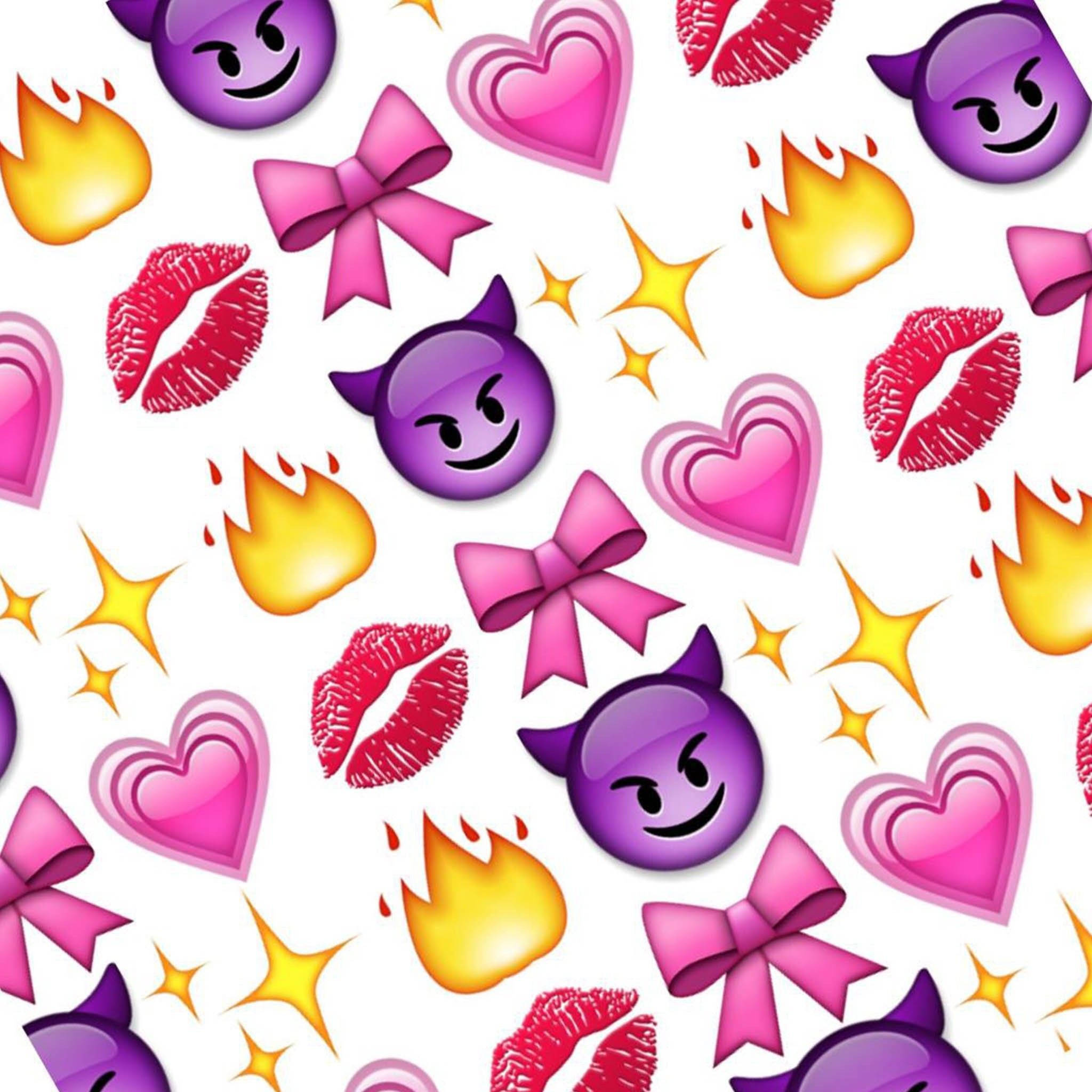 purple devil emojis, pink hearts, red lipstick kisses, Full HD Desktop Wallpaper