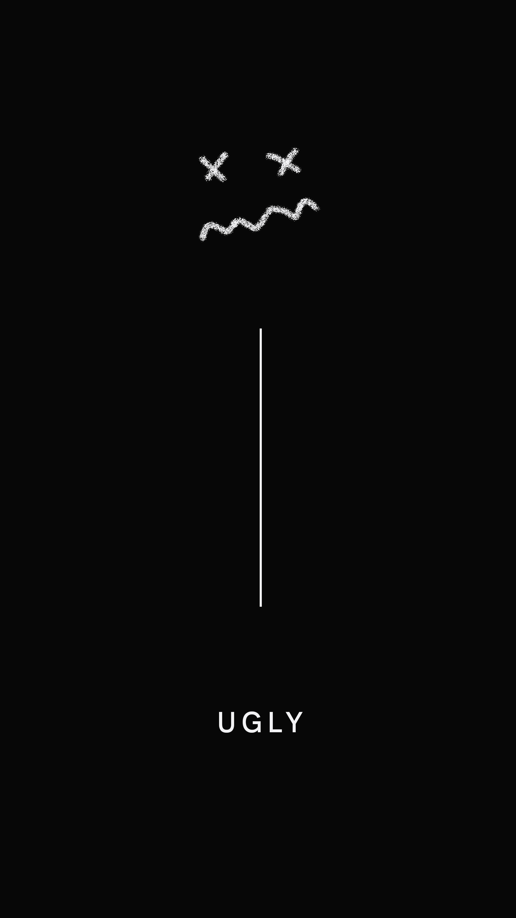 ugly emoticon doodle, minimalist black background, white scribbled frowning face, 4K Phone Wallpaper