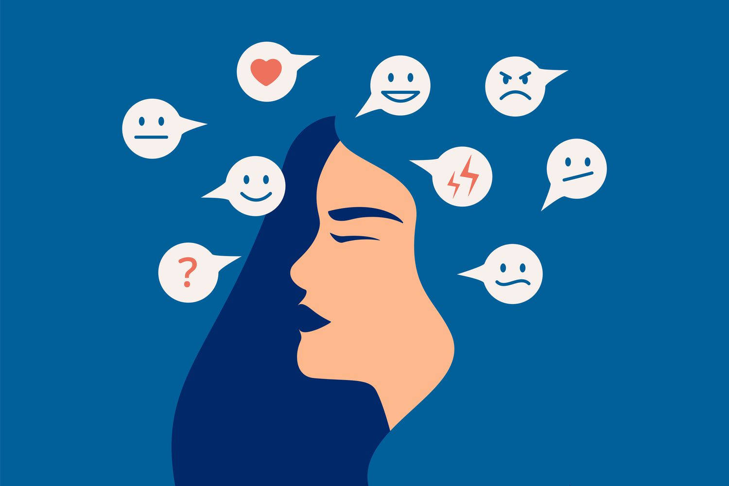 woman, floating speech bubbles, emotional faces, HD Desktop Wallpaper