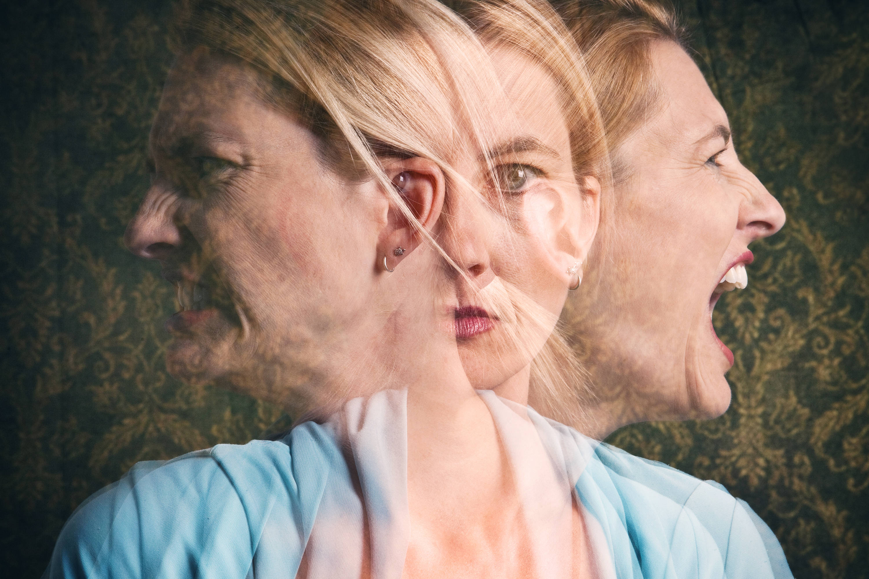 volatile woman, three expressions of escalating rage, dark patterned wallpaper, 2K Desktop Wallpaper