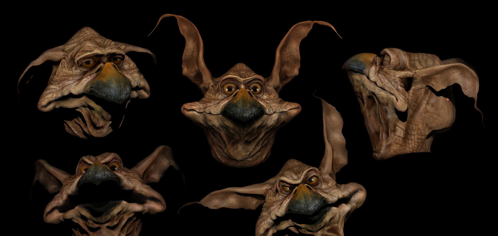 Salacious Emotions, five grotesque alien heads, wrinkled brown skin, Full HD Desktop Wallpaper