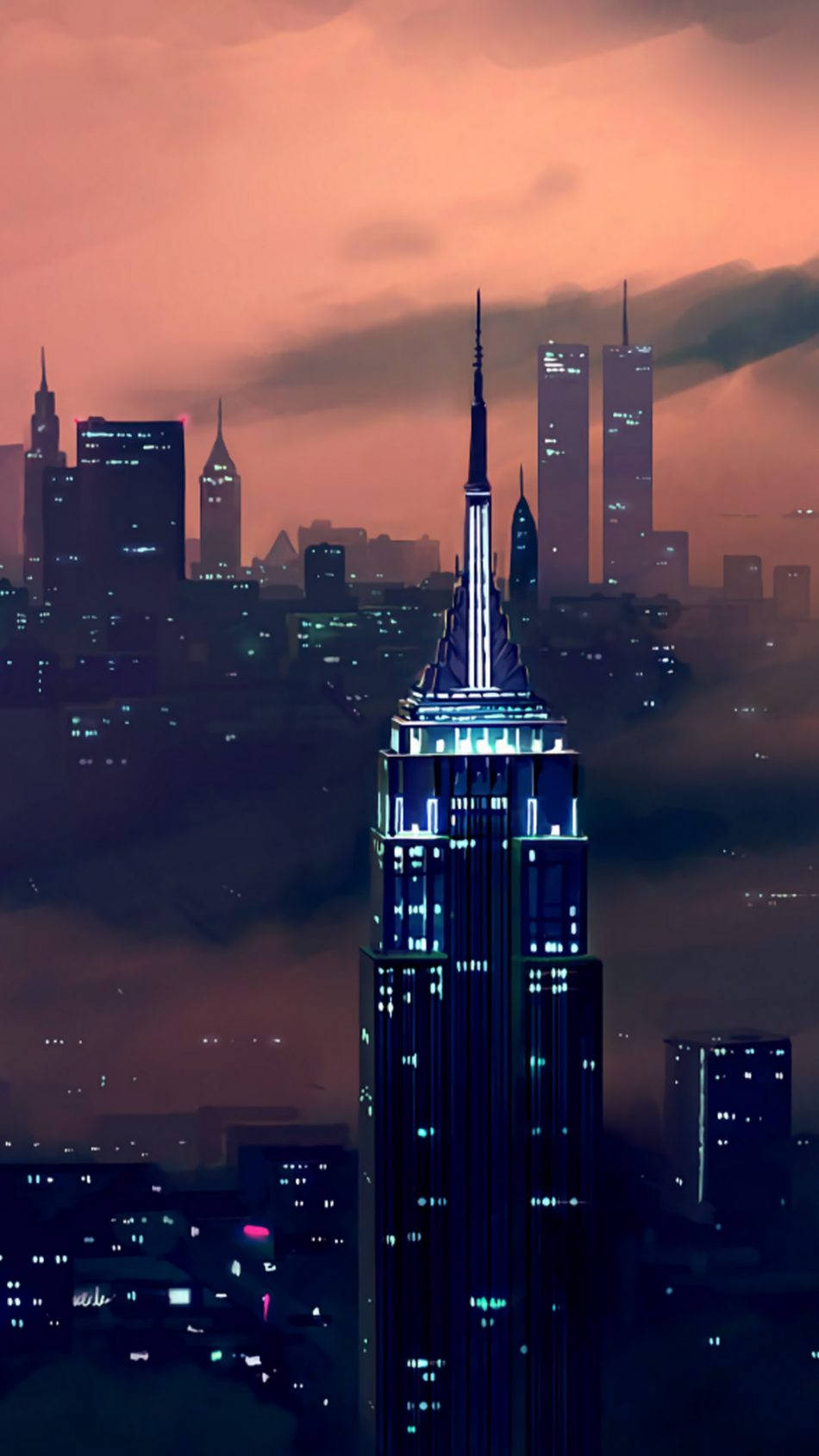 Empire State Building, blue lights, misty clouds, HD Phone Wallpaper