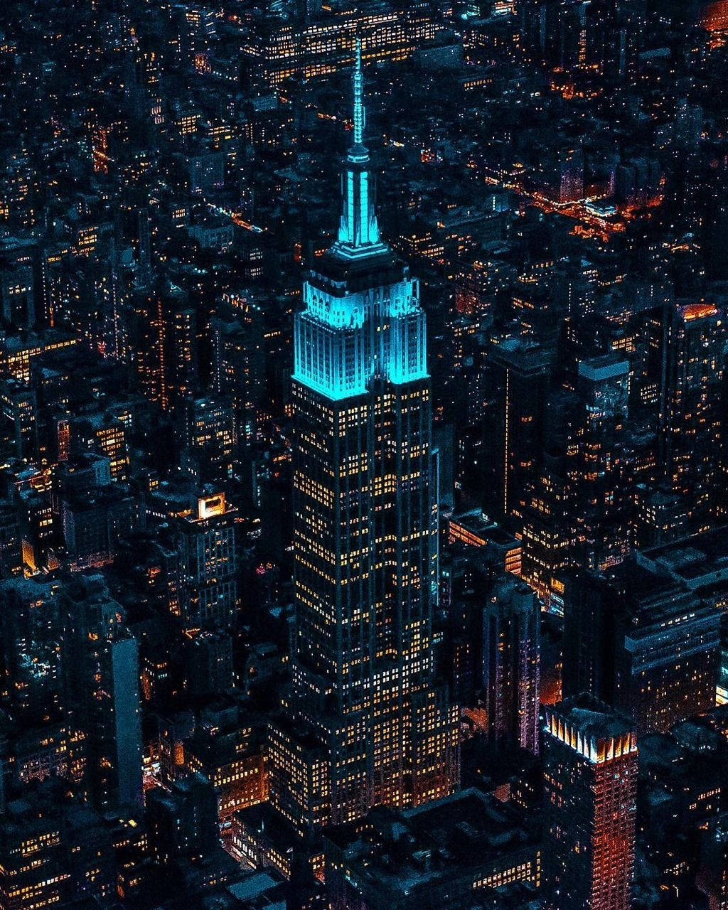 Empire State Building, teal lights, turquoise glow, HD Phone Wallpaper