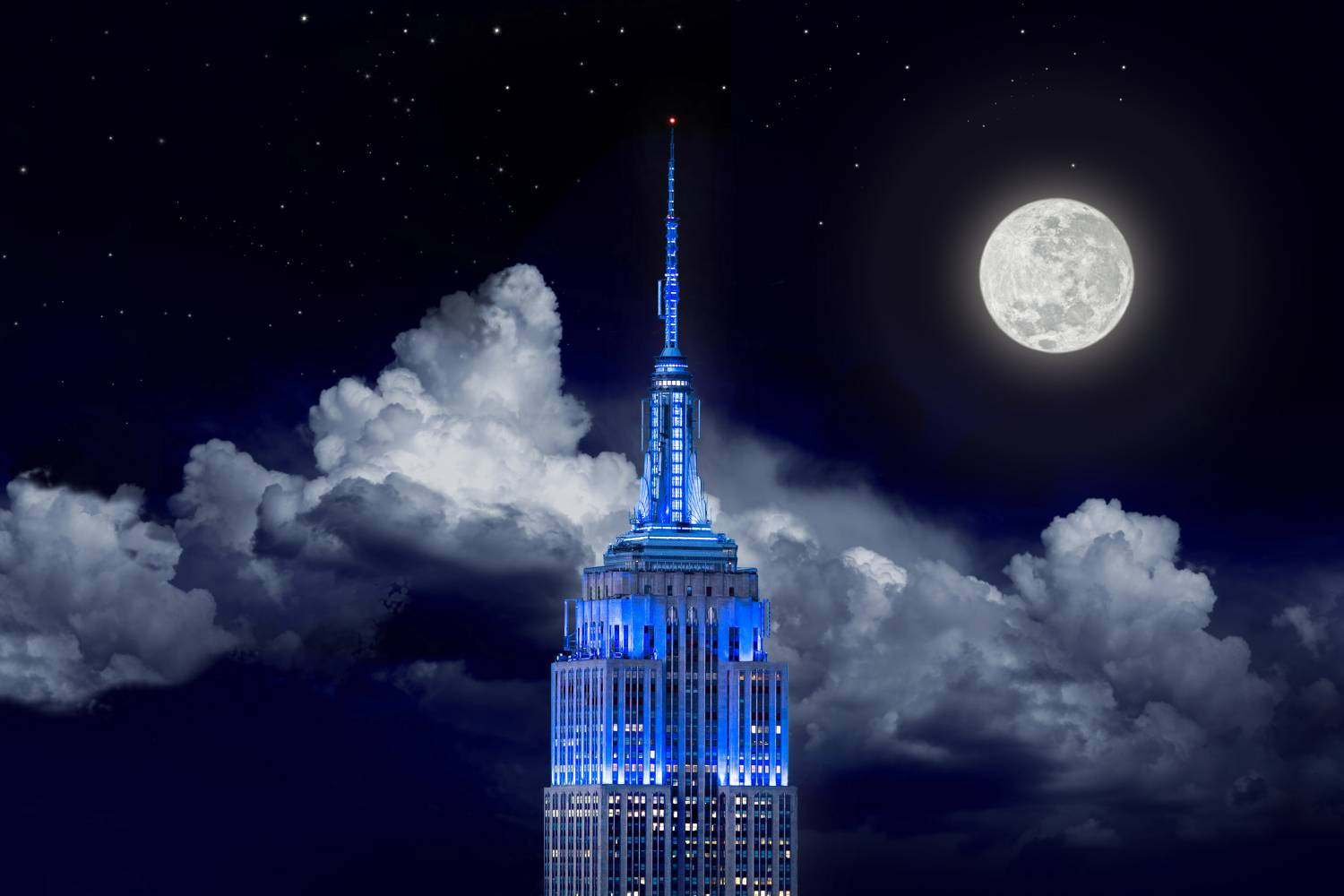 Empire State Building, full moon, starry night sky, HD Desktop Wallpaper